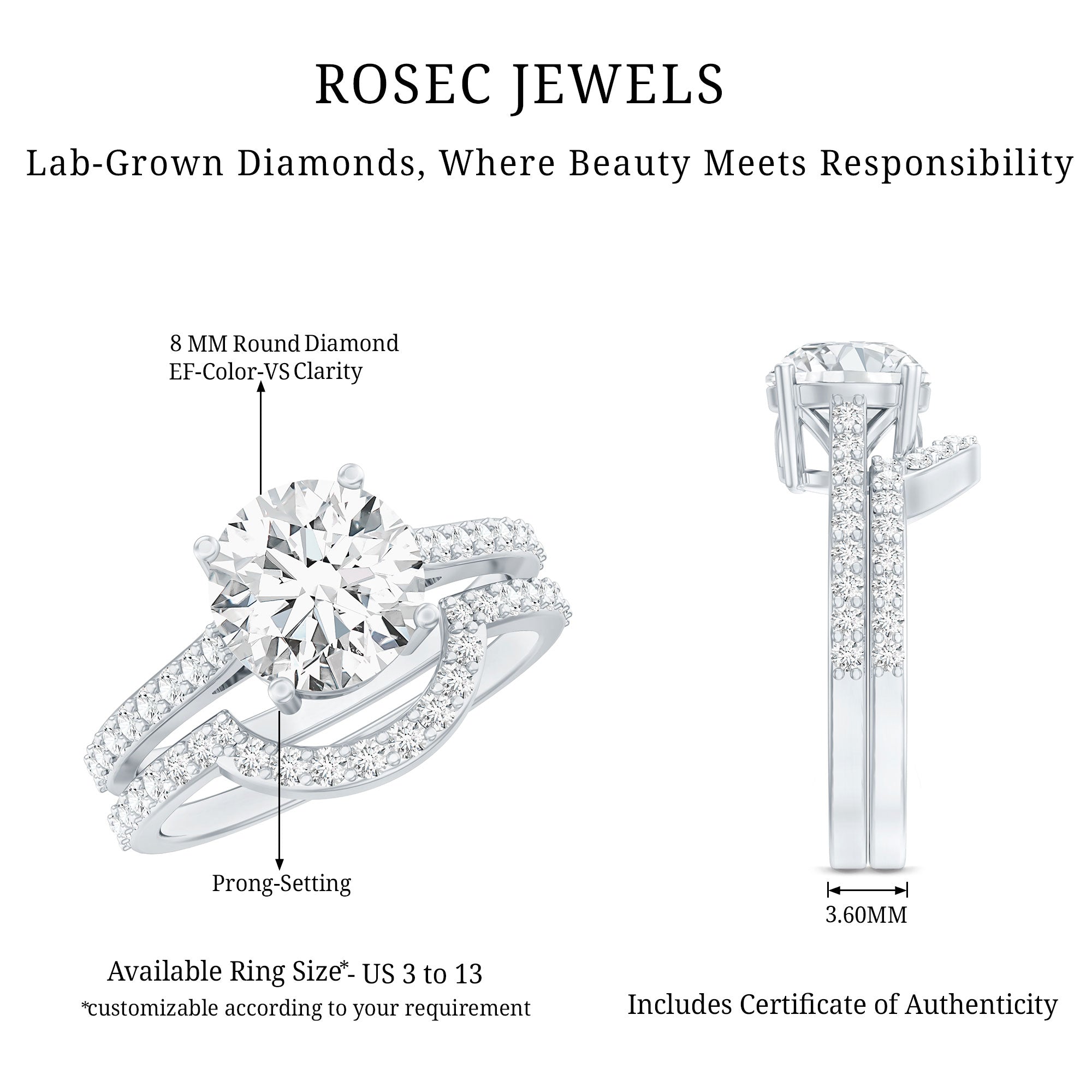 Rosec Jewels-Lab Grown Diamond 8 MM Round Engagement Ring With Ring Guard