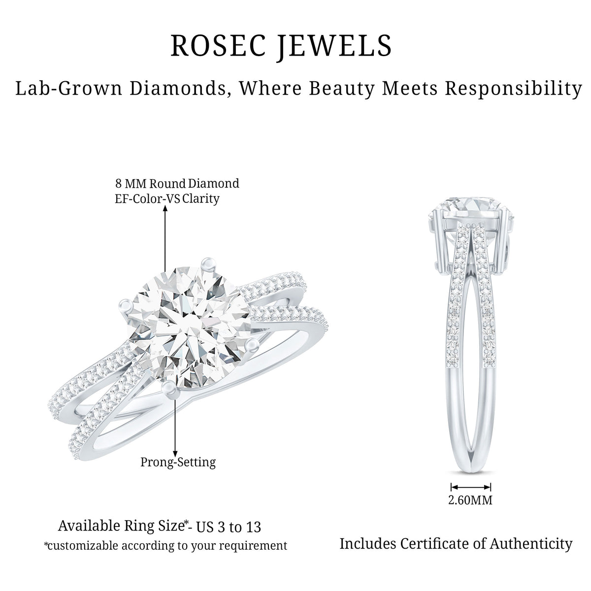 IGI Certified 2 Carat Lab Grown Diamond Split Shank Engagement Ring Lab - ( E-VS1 ) - Rosec Jewels