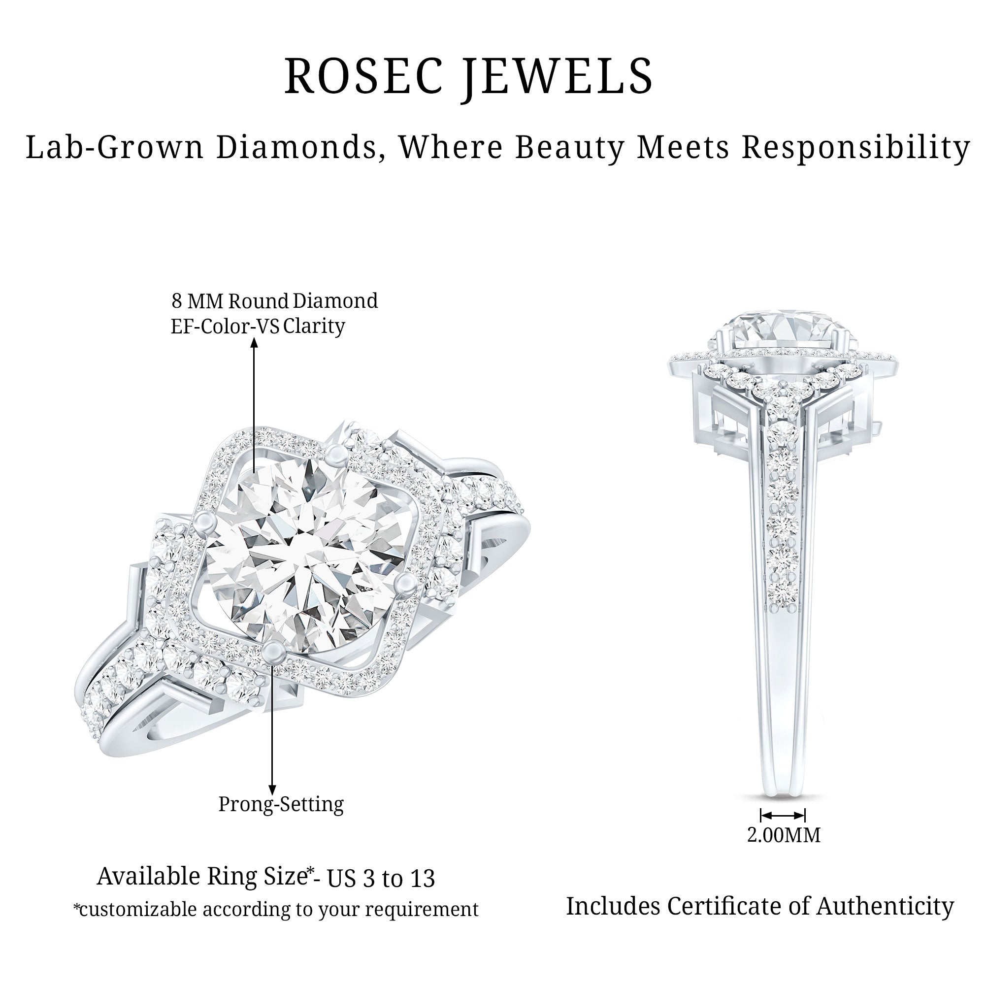 Certified 8 MM Lab Grown Diamond Vintage Style Engagement Ring Lab - ( EF-VS ) - Rosec Jewels