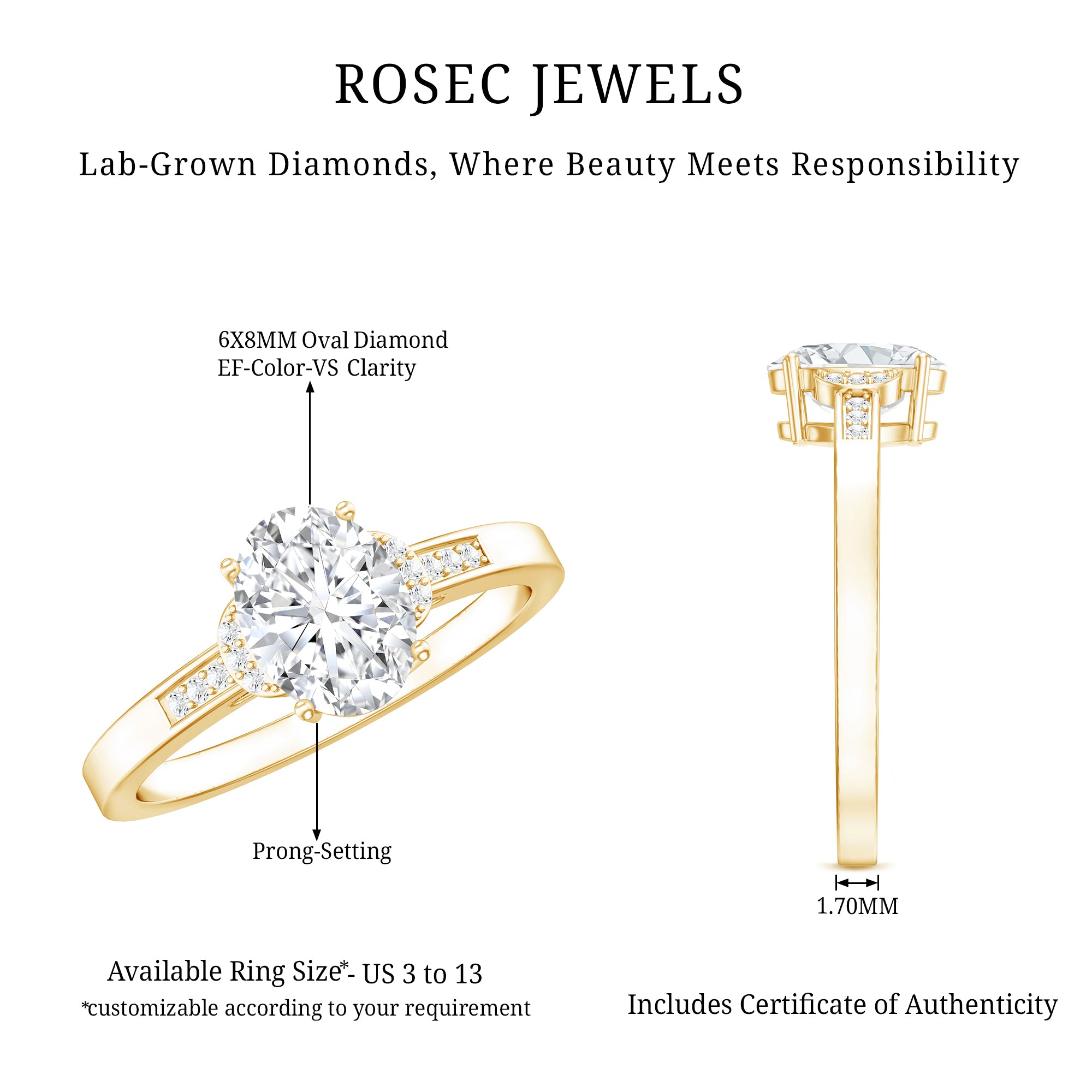 Certified 6X8 MM Oval Lab Grown Diamond Solitaire Engagement Ring Lab - ( EF-VS ) - Rosec Jewels