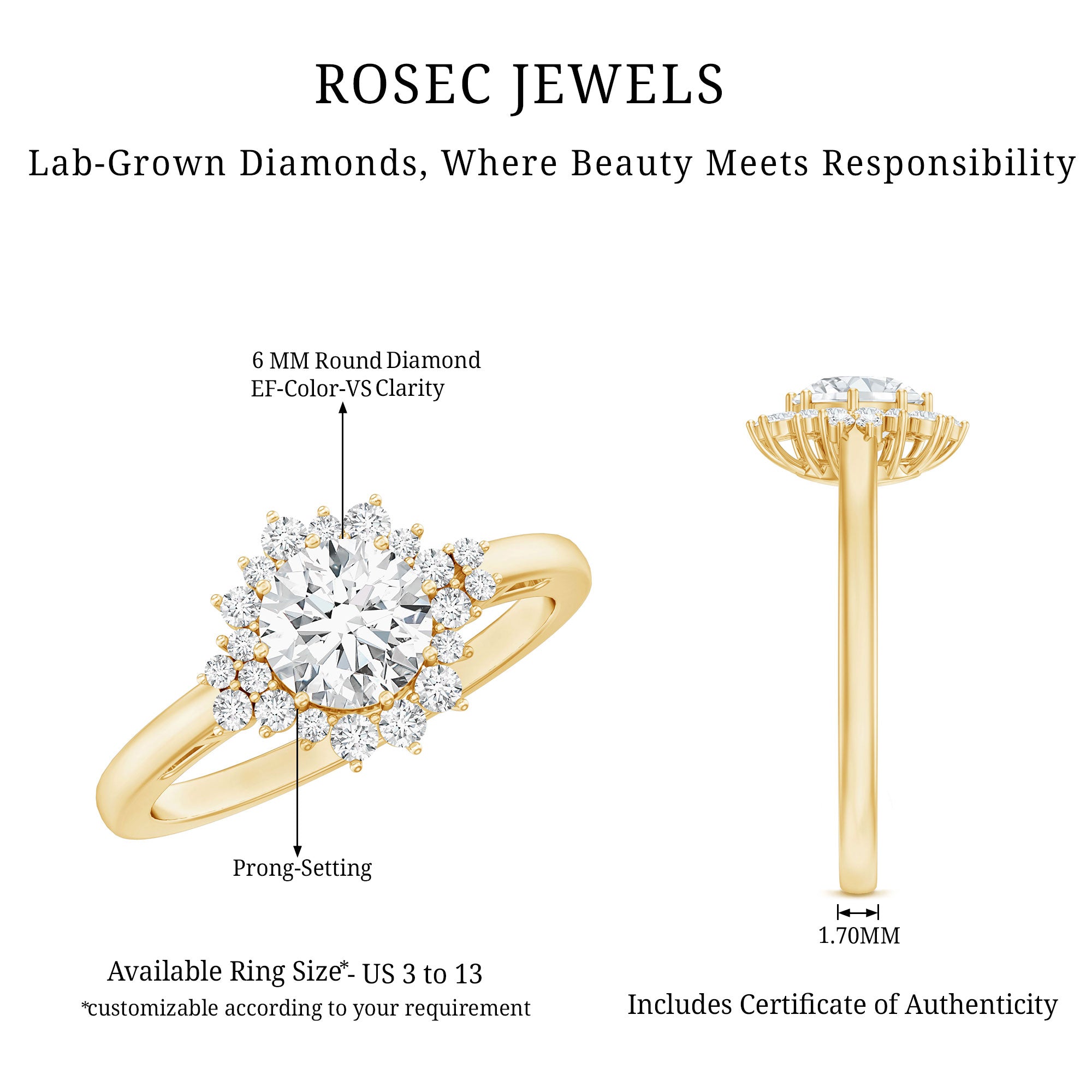 Rosec Jewels-Certified 1 Carat Lab Grown Diamond Halo Engagement Ring