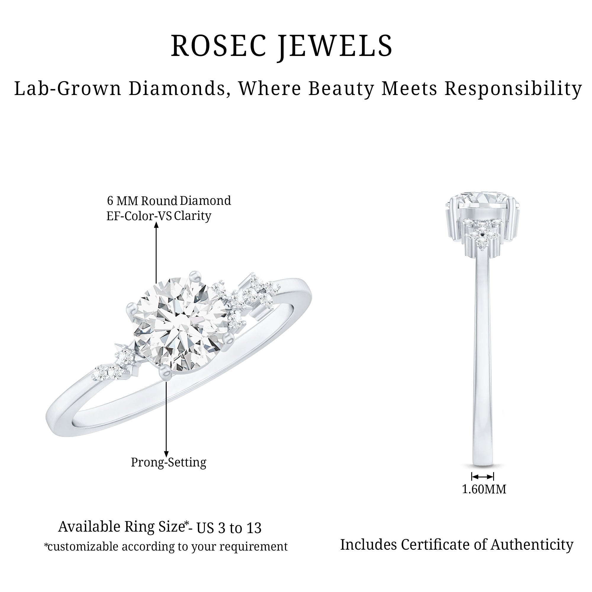 6 MM Lab Grown Diamond Solitaire Engagement Ring Lab - ( EF-VS ) - Rosec Jewels