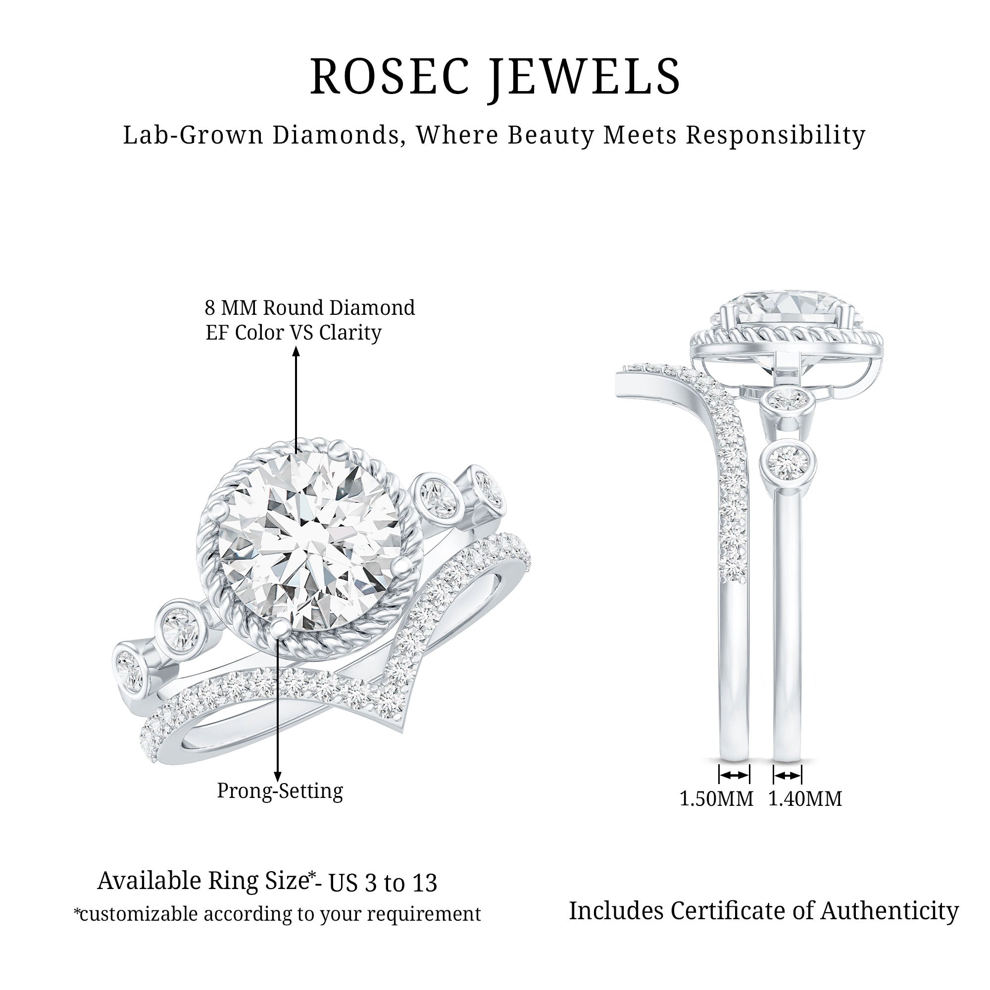 Certified Lab Grown Diamond Solitaire Bridal Ring Set With Enhancer Lab - ( EF-VS ) - Rosec Jewels