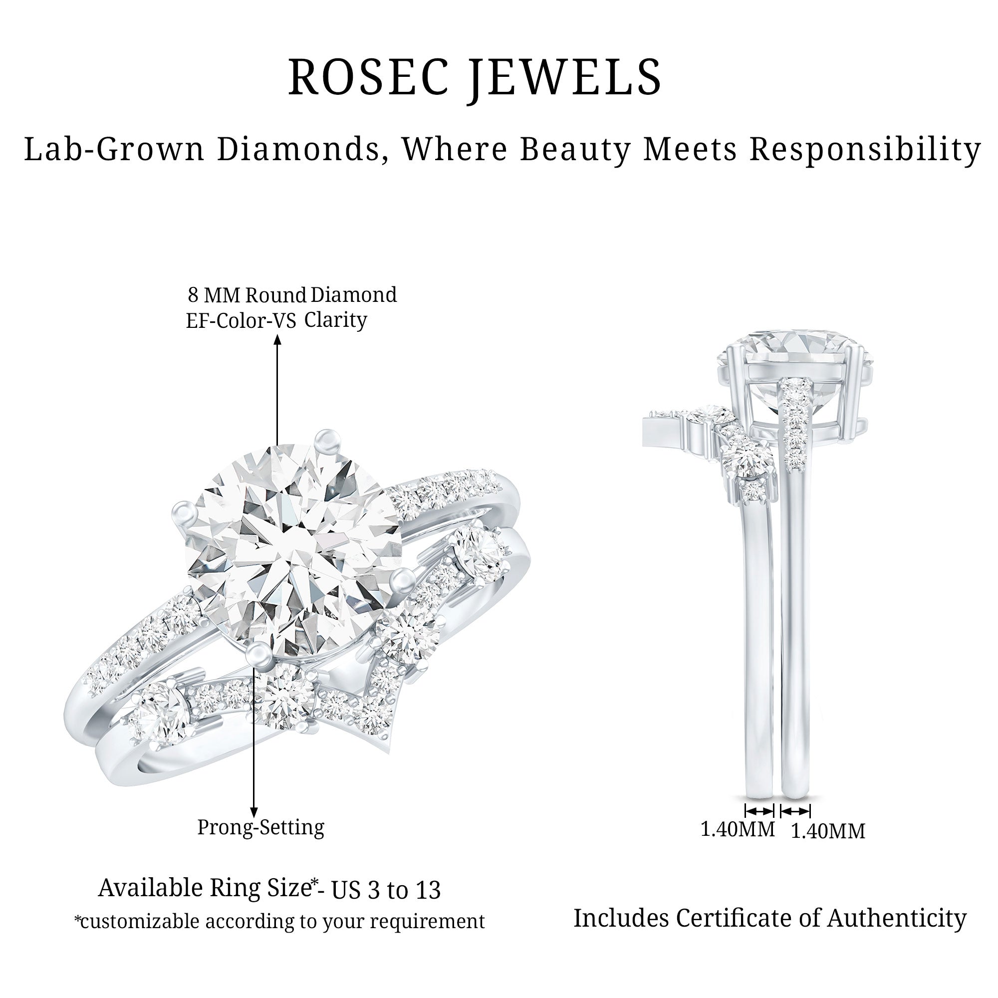 Certified Lab Grown Diamond Bridal Ring Set For Women Lab - ( EF-VS ) - Rosec Jewels