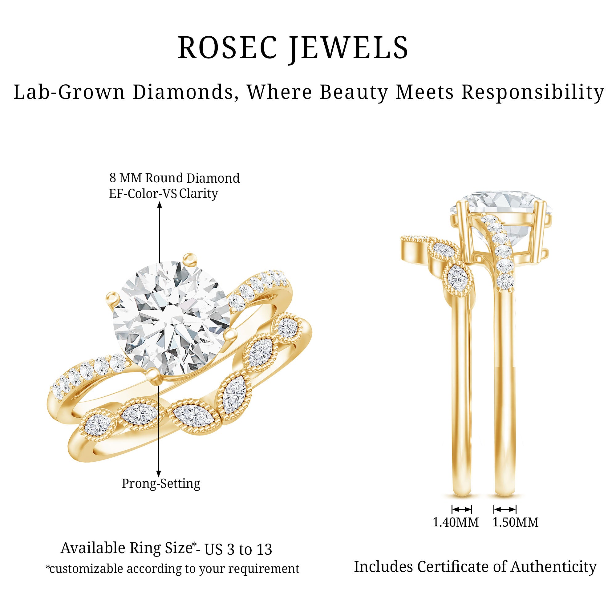 Rosec Jewels-Certified Lab Grown Diamond Engagement Ring With Ring Guard