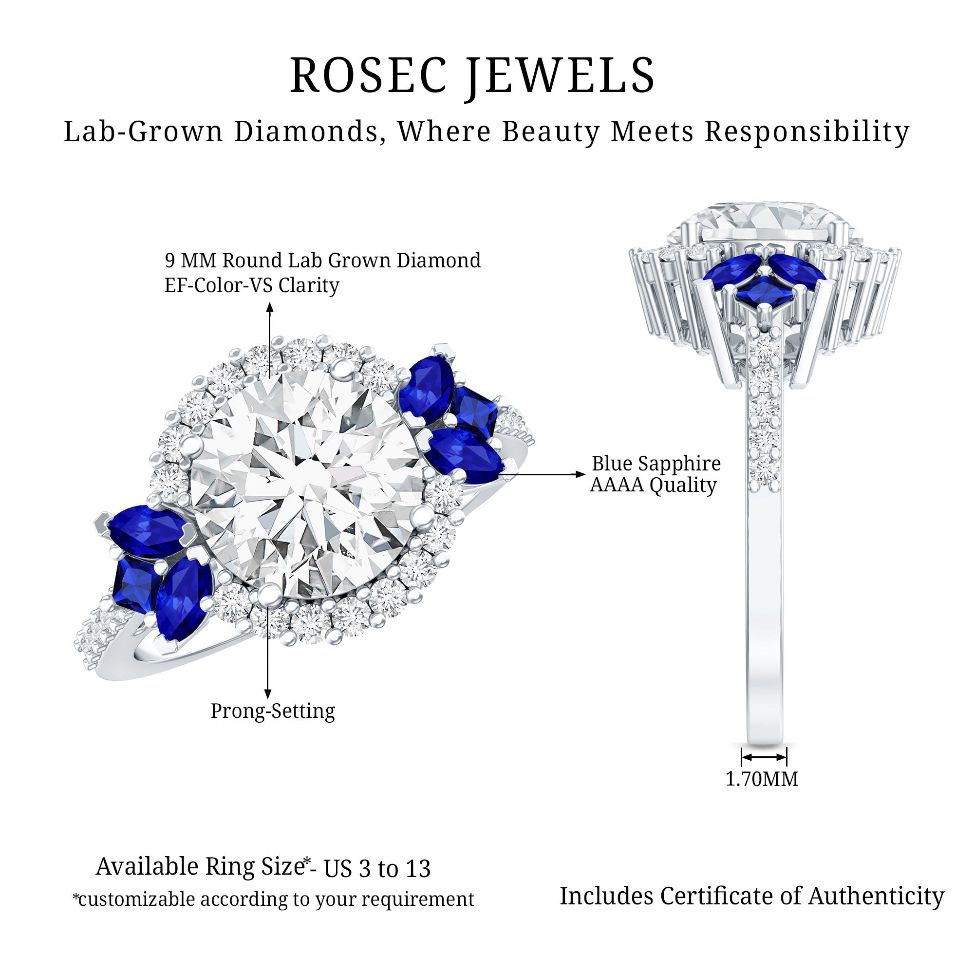 3 Carat Lab Grown Diamond Halo Engagement Ring With Blue Sapphire Lab - ( EF-VS ) - Rosec Jewels
