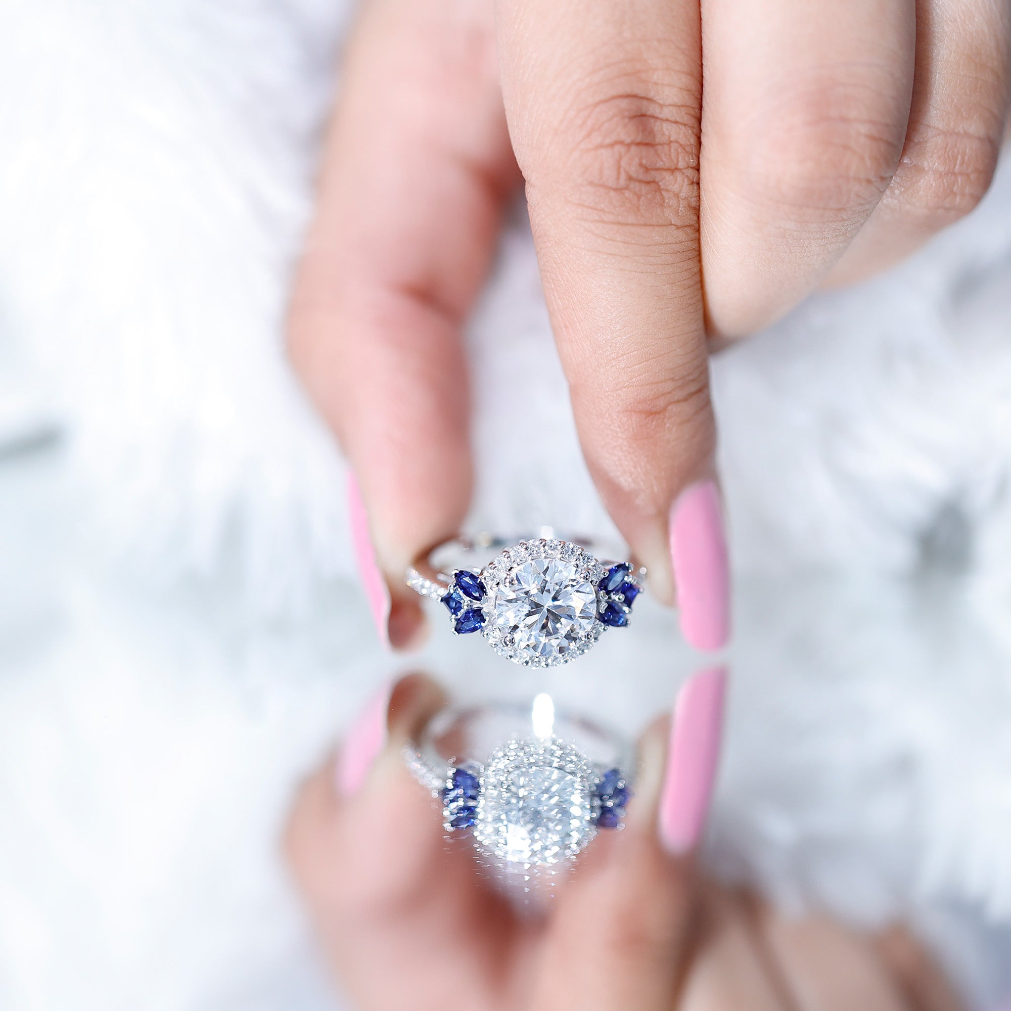 3 Carat Lab Grown Diamond Halo Engagement Ring With Blue Sapphire Lab - ( EF-VS ) - Rosec Jewels