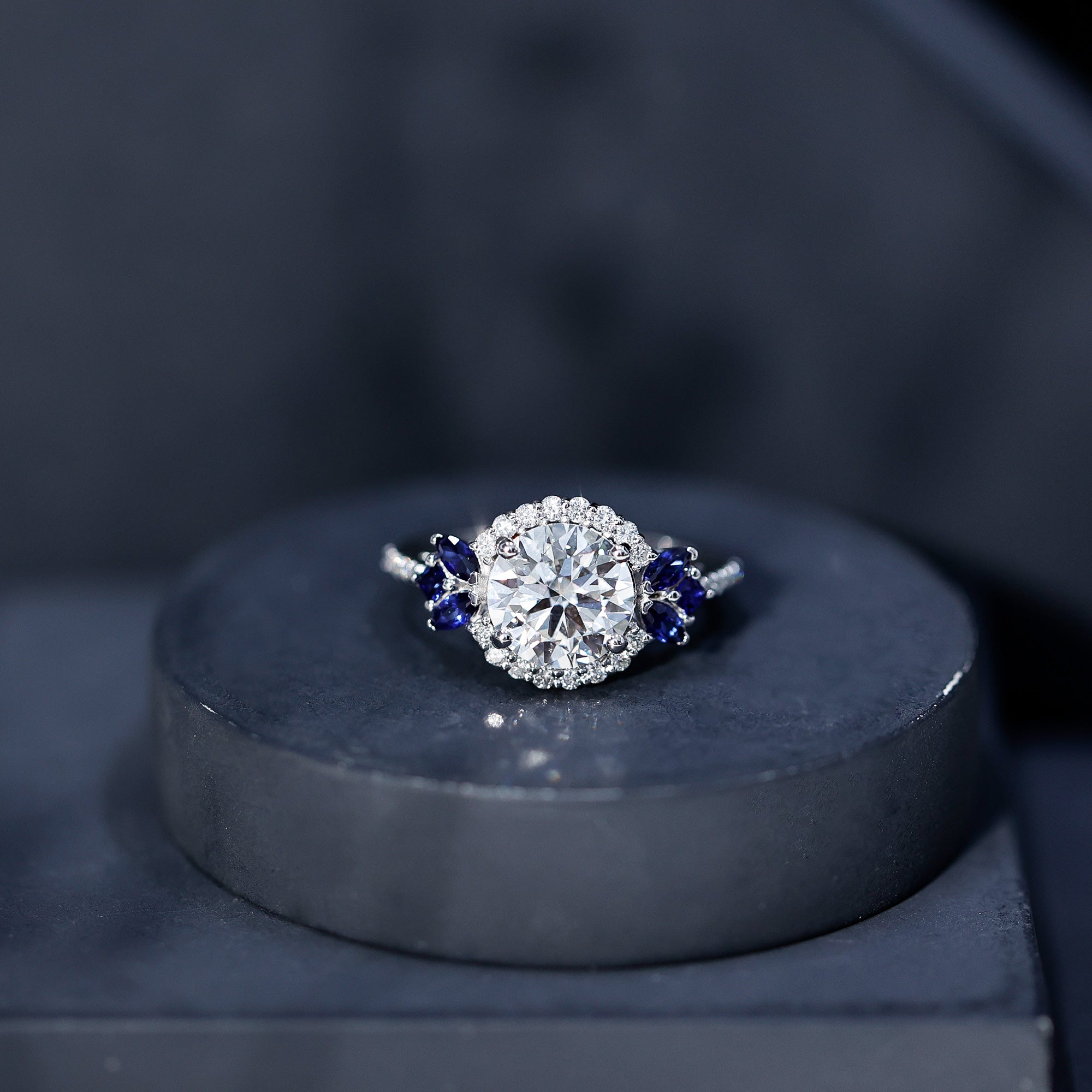 3 Carat Lab Grown Diamond Halo Engagement Ring With Blue Sapphire Lab - ( EF-VS ) - Rosec Jewels