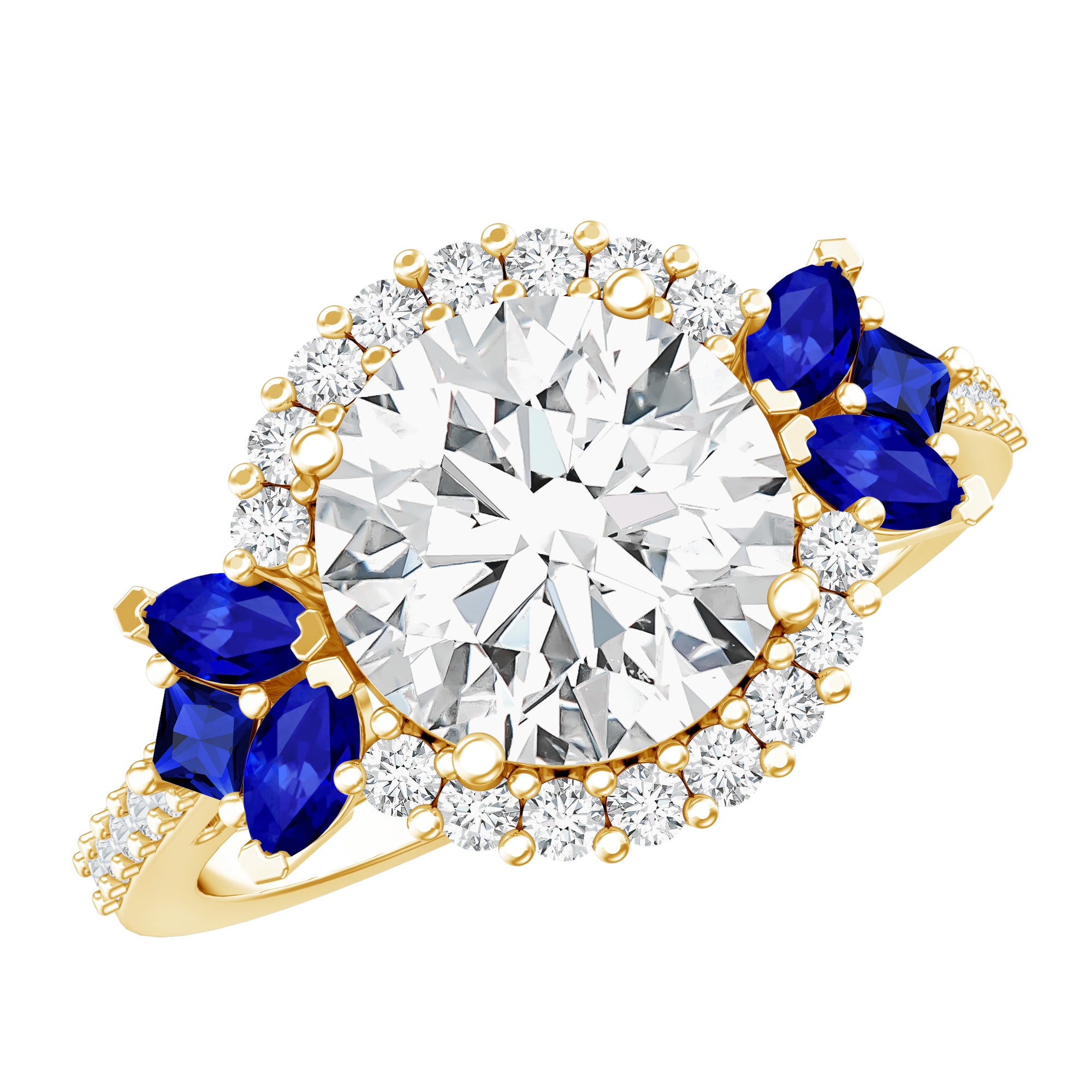 3 Carat Lab Grown Diamond Halo Engagement Ring With Blue Sapphire Lab - ( EF-VS ) - Rosec Jewels