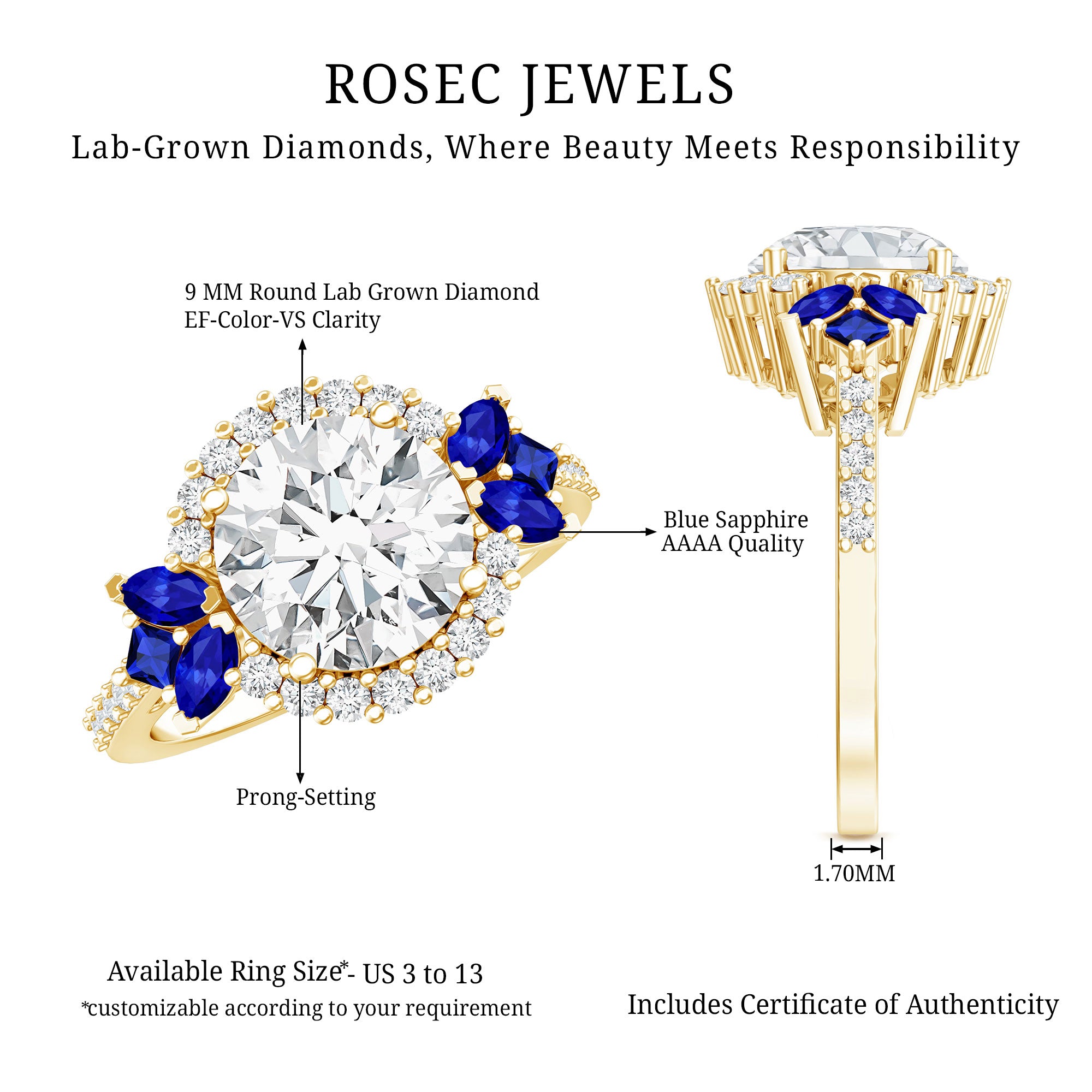 3 Carat Lab Grown Diamond Halo Engagement Ring With Blue Sapphire Lab - ( EF-VS ) - Rosec Jewels