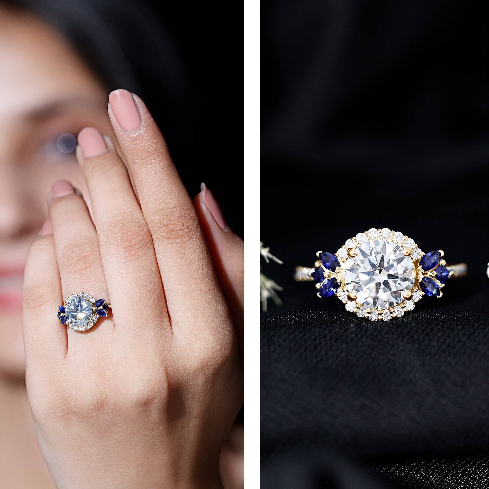 3 Carat Lab Grown Diamond Halo Engagement Ring With Blue Sapphire Lab - ( EF-VS ) - Rosec Jewels