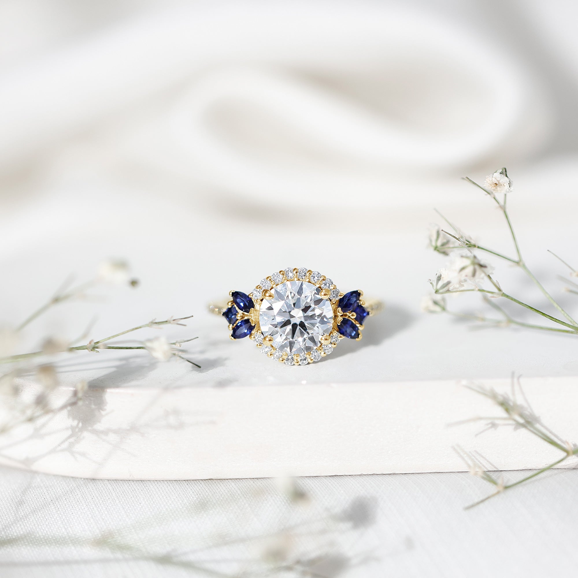 3 Carat Lab Grown Diamond Halo Engagement Ring With Blue Sapphire Lab - ( EF-VS ) - Rosec Jewels