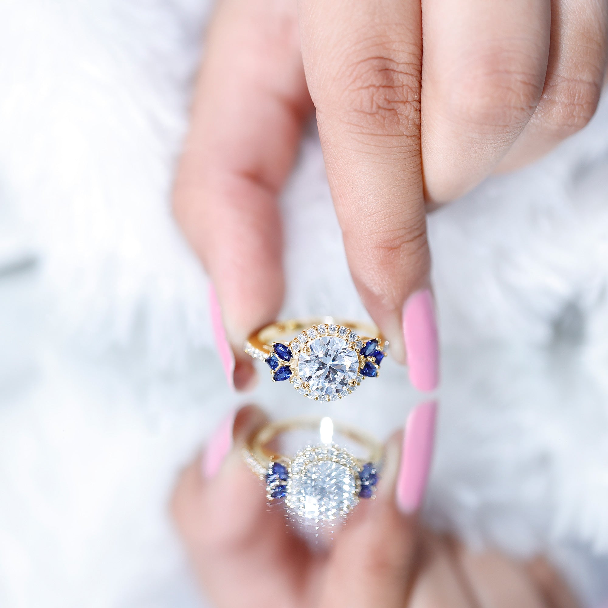 3 Carat Lab Grown Diamond Halo Engagement Ring With Blue Sapphire Lab - ( EF-VS ) - Rosec Jewels