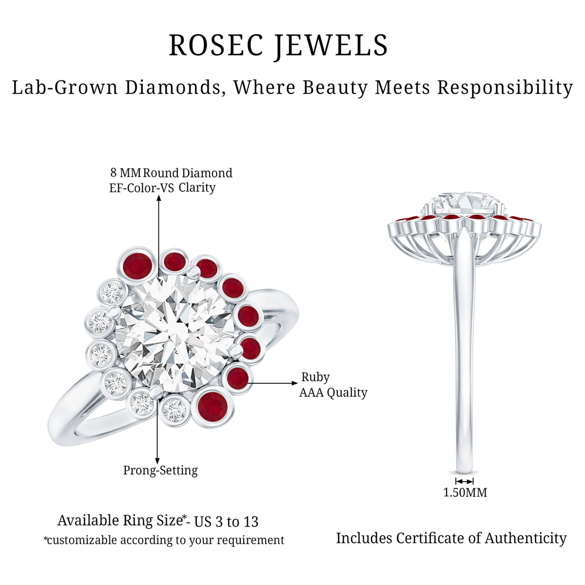 IGI Certified Lab 2 Carat Diamond Ruby Halo Engagement Ring For Women Lab - ( E-VS1 ) - Rosec Jewels