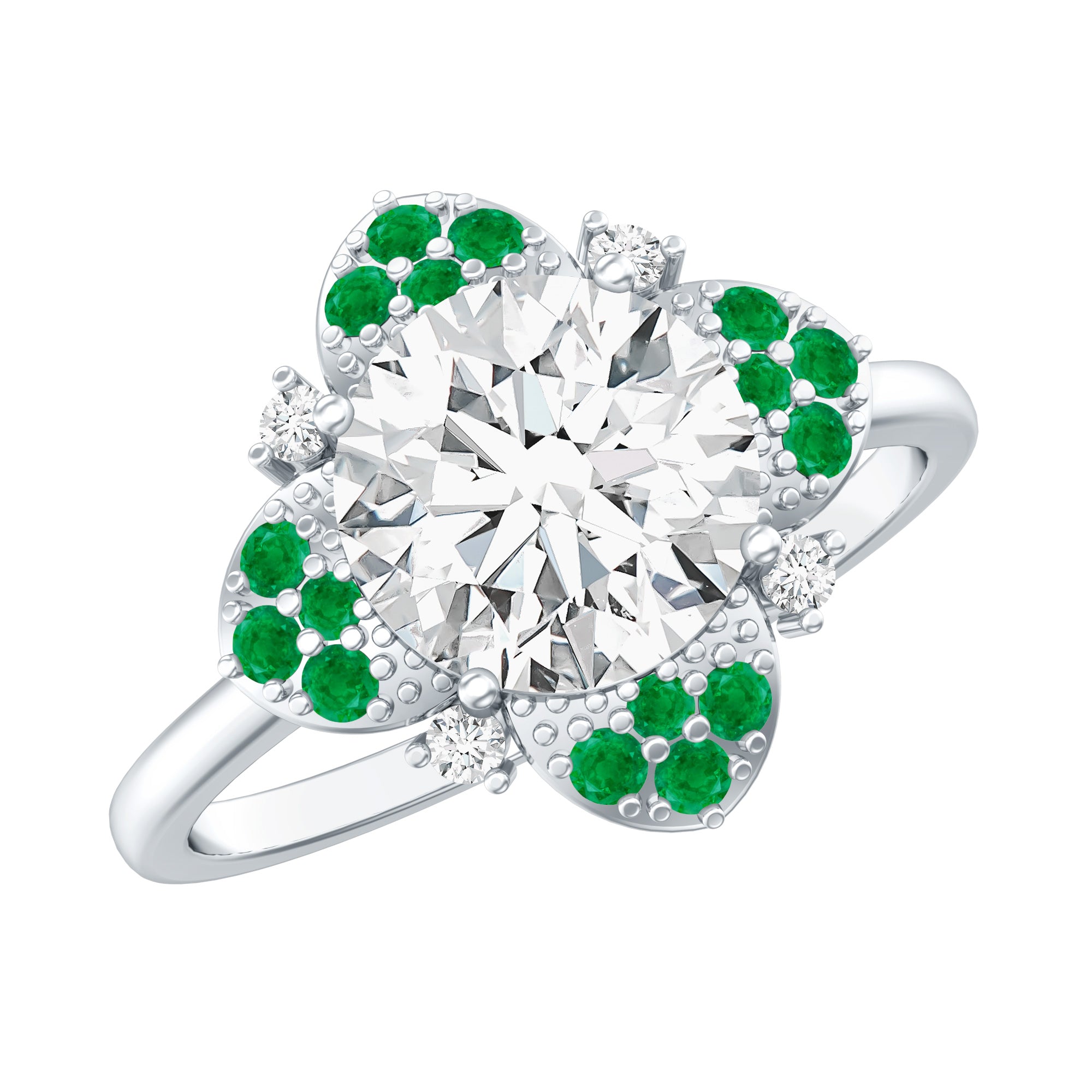 Certified Lab Grown Diamond Flower Engagement Ring With Emerald Lab - ( EF-VS ) - Rosec Jewels