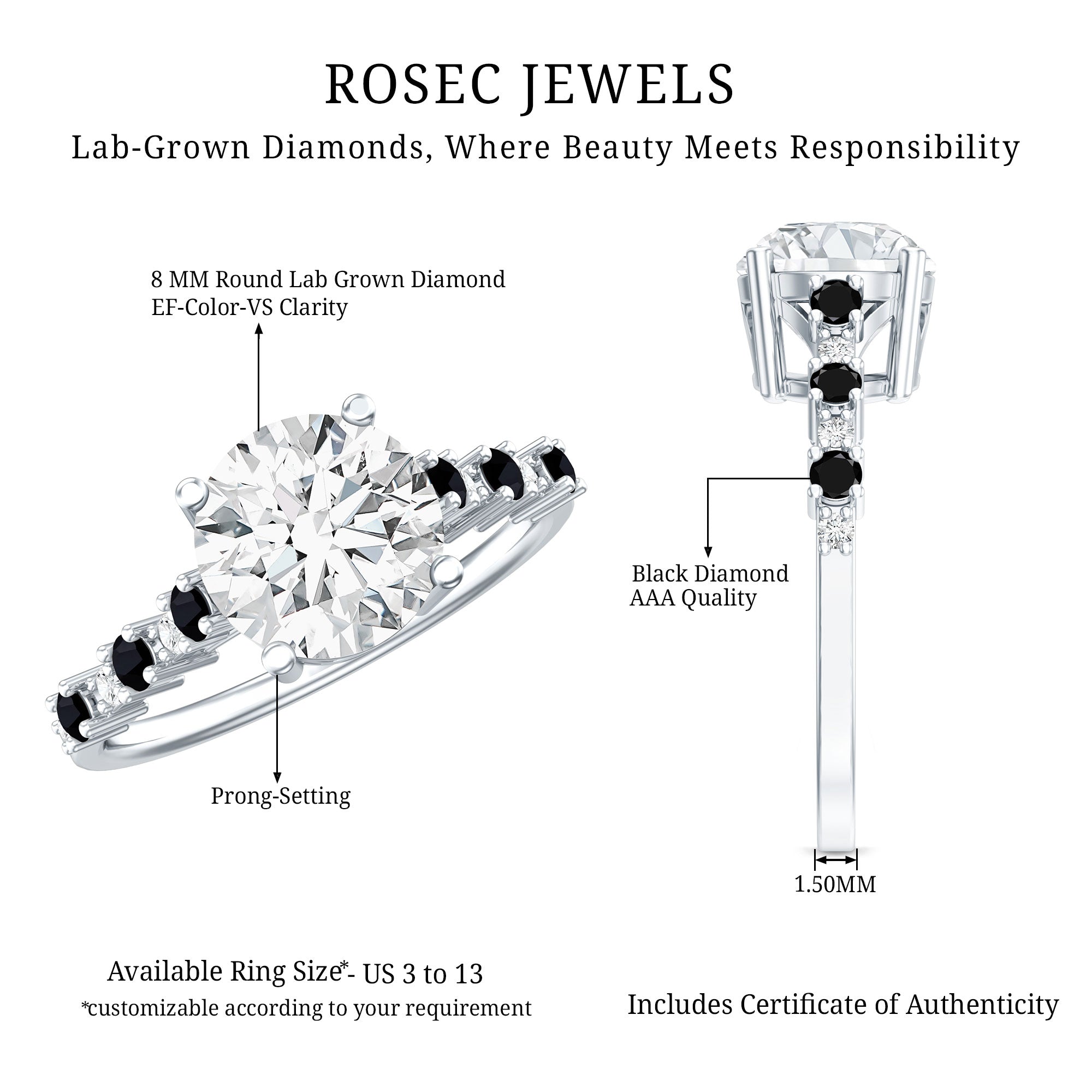 Rosec Jewels-Lab Grown Diamond Designer Engagement Ring with Black Diamond