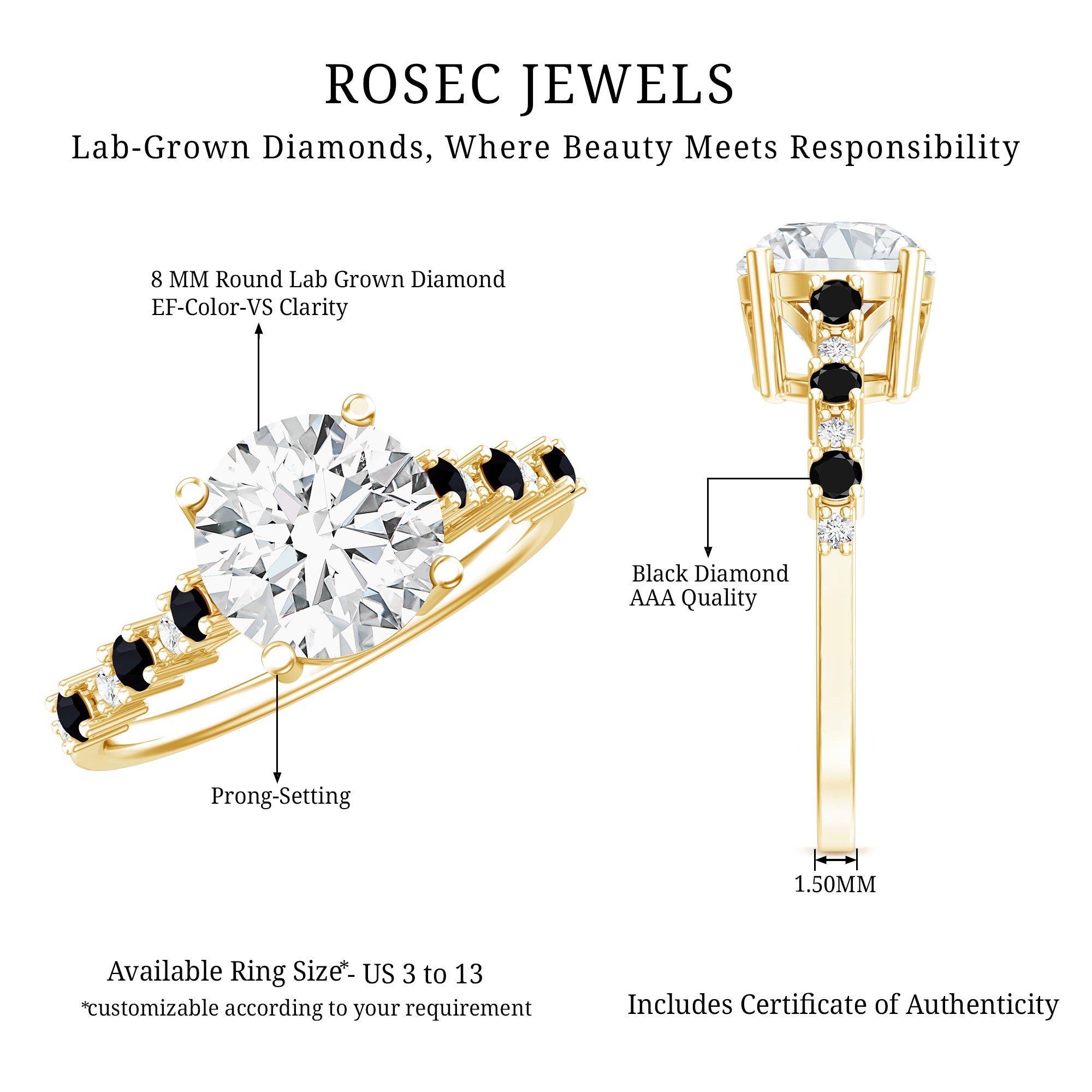 Rosec Jewels-Lab Grown Diamond Designer Engagement Ring with Black Diamond