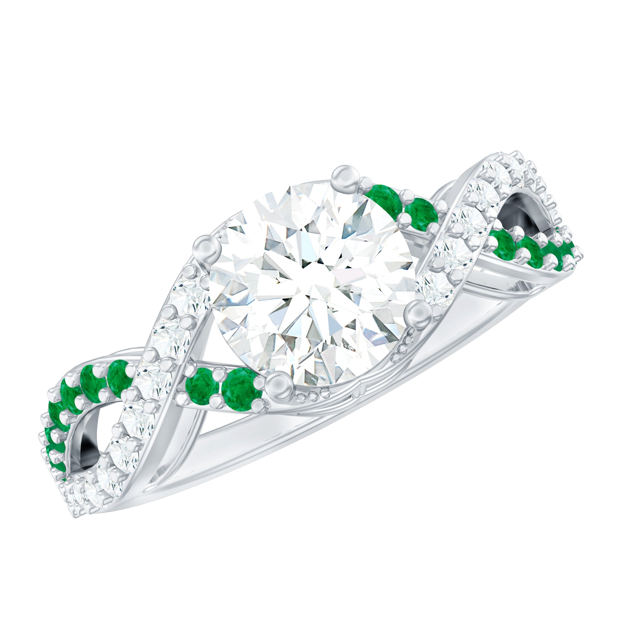 Lab Grown Diamond Crossover Engagement Ring with Emerald