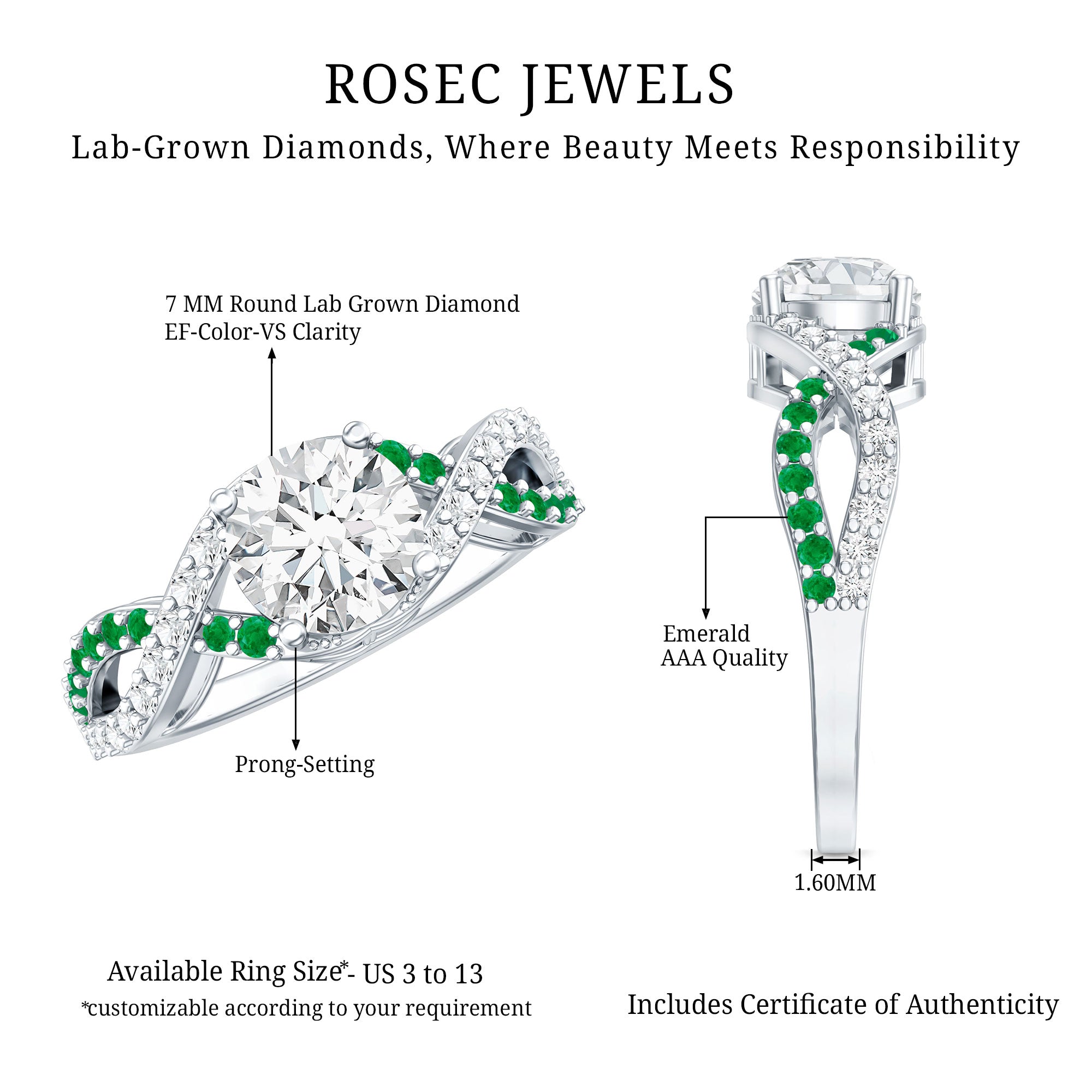 Rosec Jewels-Lab Grown Diamond Crossover Engagement Ring with Emerald