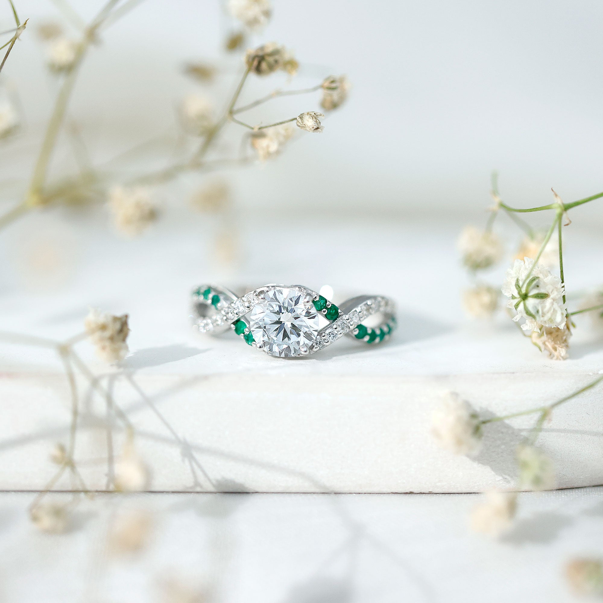 Rosec Jewels-Lab Grown Diamond Crossover Engagement Ring with Emerald