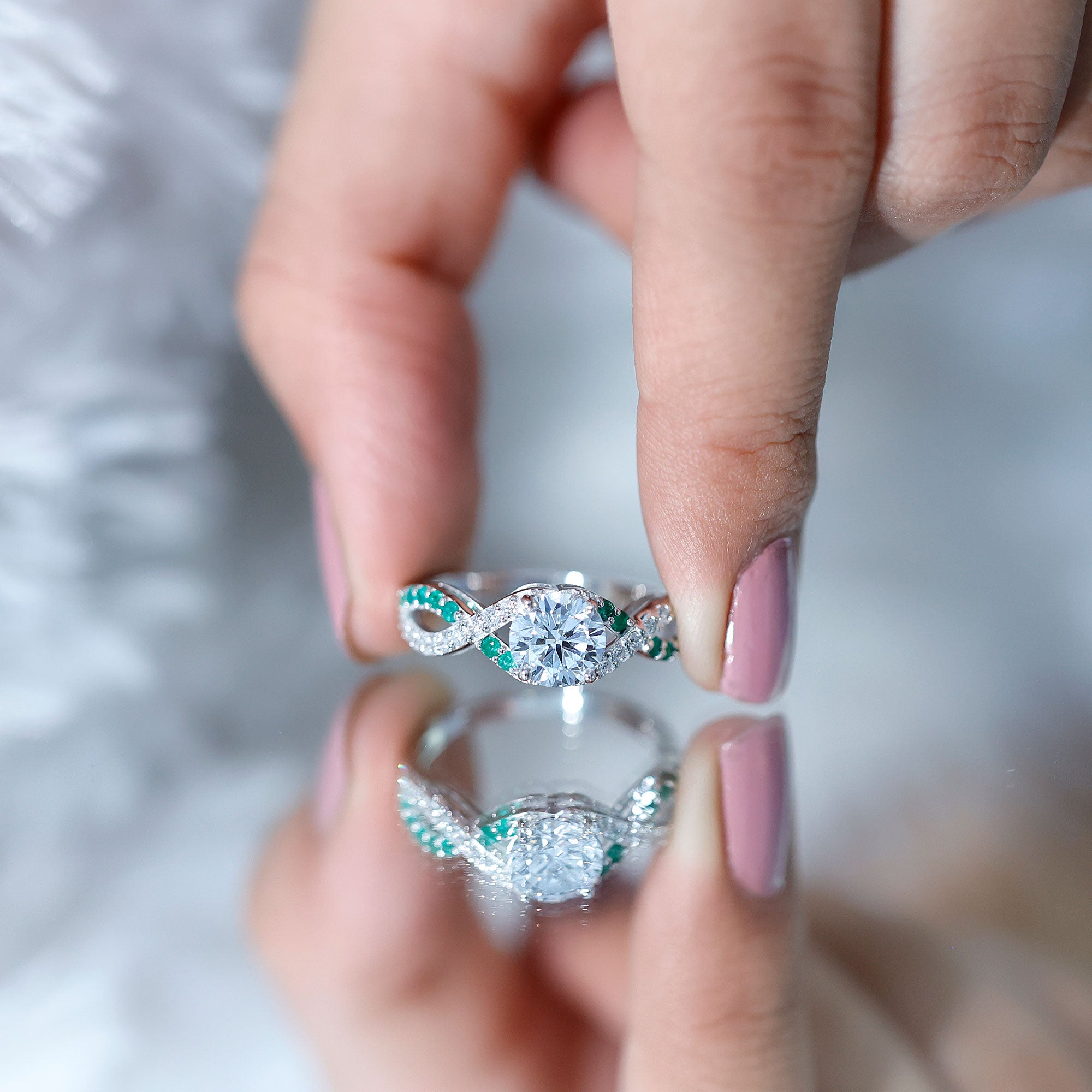 Rosec Jewels-Lab Grown Diamond Crossover Engagement Ring with Emerald