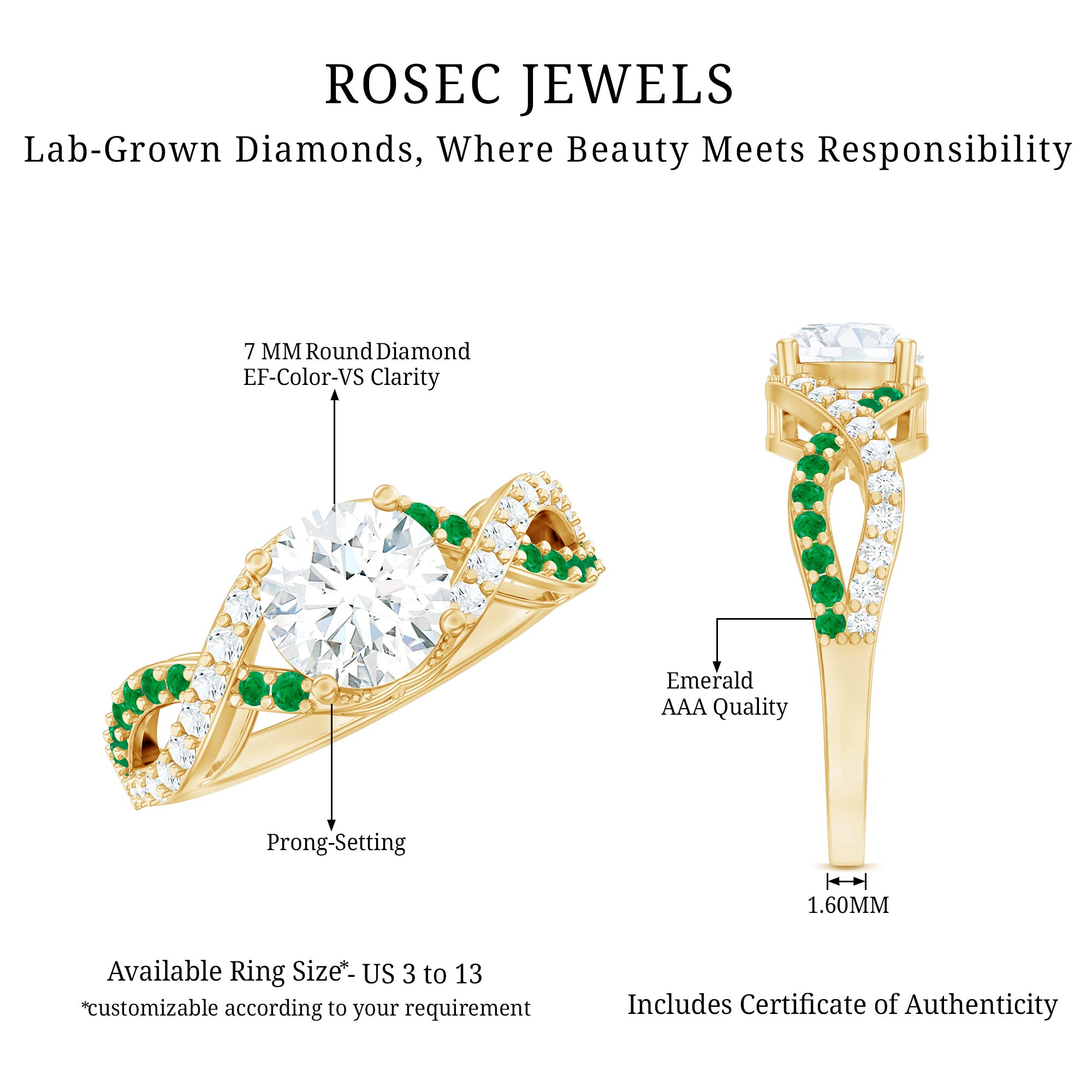 Rosec Jewels-Lab Grown Diamond Crossover Engagement Ring with Emerald