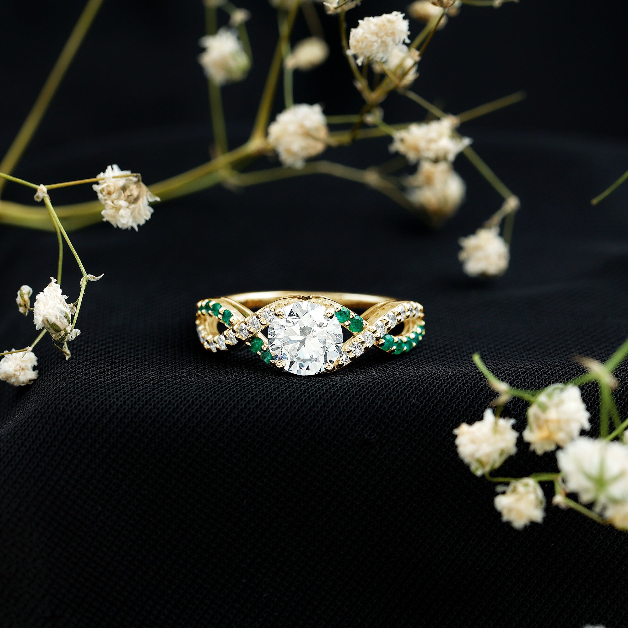 Rosec Jewels-Lab Grown Diamond Crossover Engagement Ring with Emerald