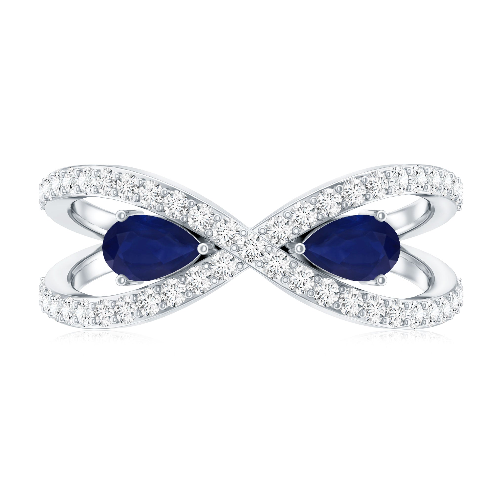 Real Pear Shape Blue Sapphire 2 Stone Engagement Ring with Diamond AAA - Rosec Jewels
