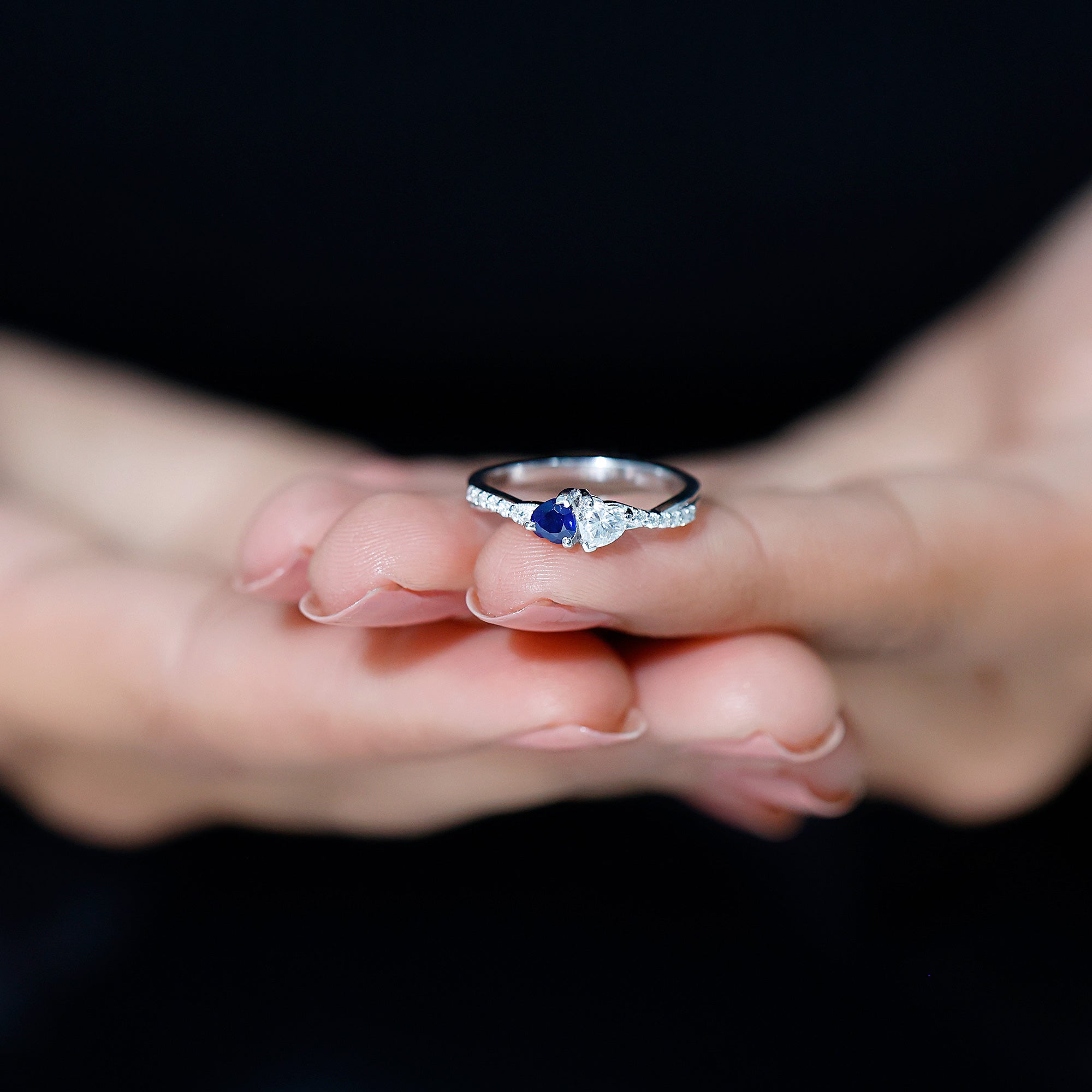 Natural Heart Shape Blue Sapphire Diamond 2 Stone Promise Ring AAA - Rosec Jewels