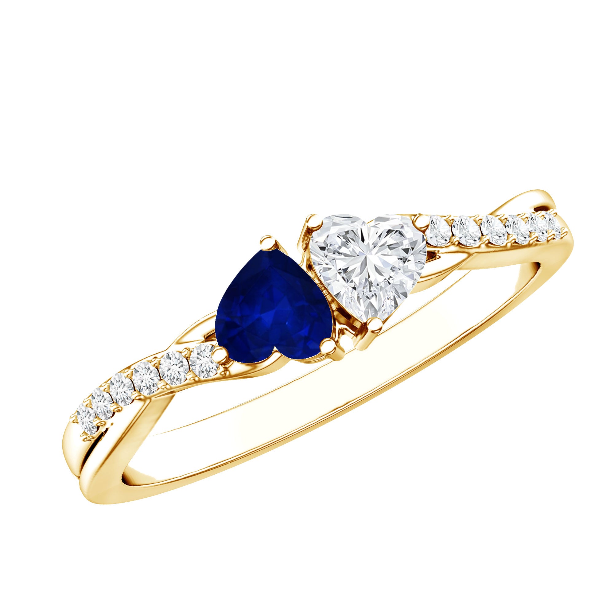 Natural Heart Shape Blue Sapphire Diamond 2 Stone Promise Ring AAA - Rosec Jewels
