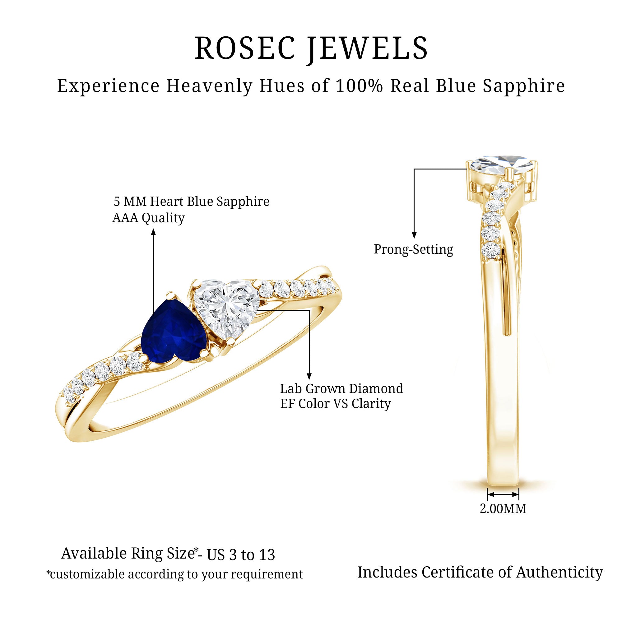 Natural Heart Shape Blue Sapphire Diamond 2 Stone Promise Ring AAA - Rosec Jewels