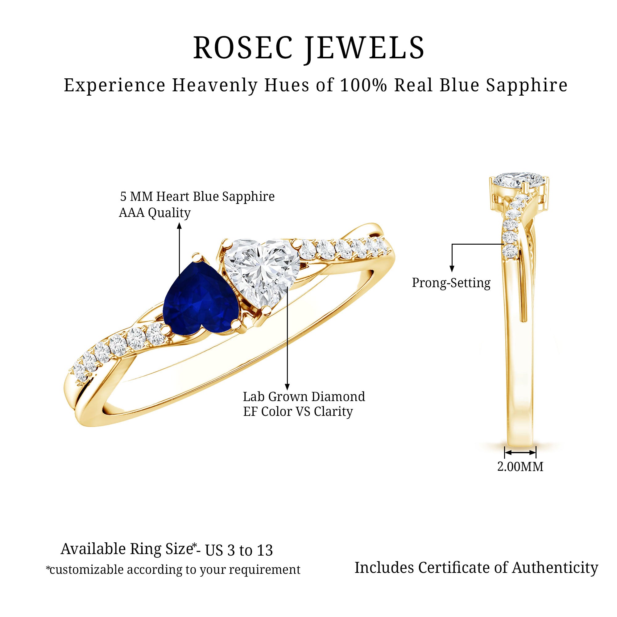 Natural Heart Shape Blue Sapphire Diamond 2 Stone Promise Ring AAA - Rosec Jewels
