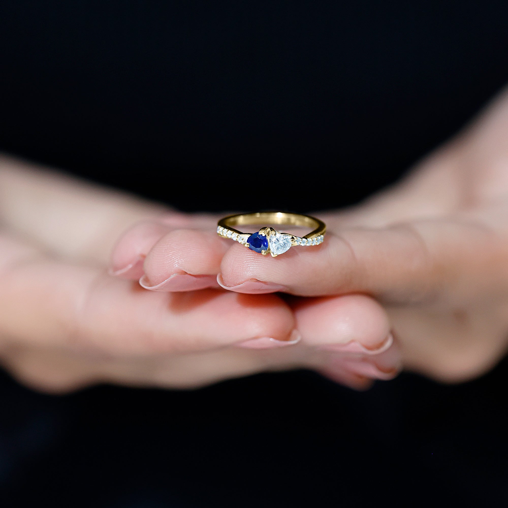 Natural Heart Shape Blue Sapphire Diamond 2 Stone Promise Ring AAA - Rosec Jewels