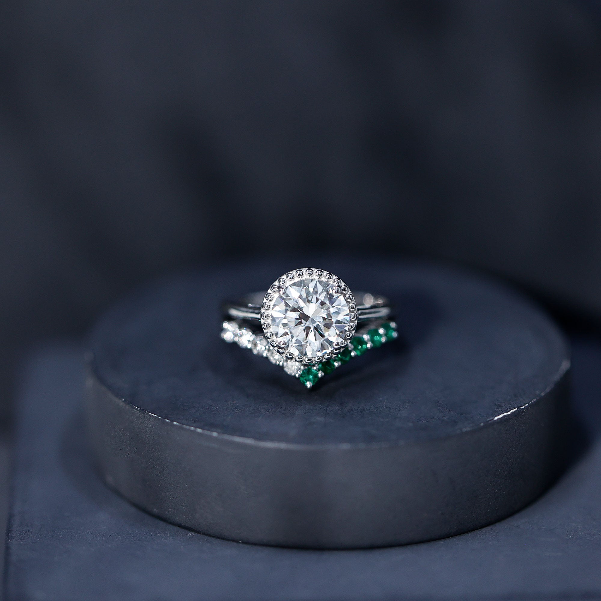 Certified Lab Grown Diamond 8 MM Engagement Ring With Emerald Enhancer Lab - ( EF-VS ) - Rosec Jewels
