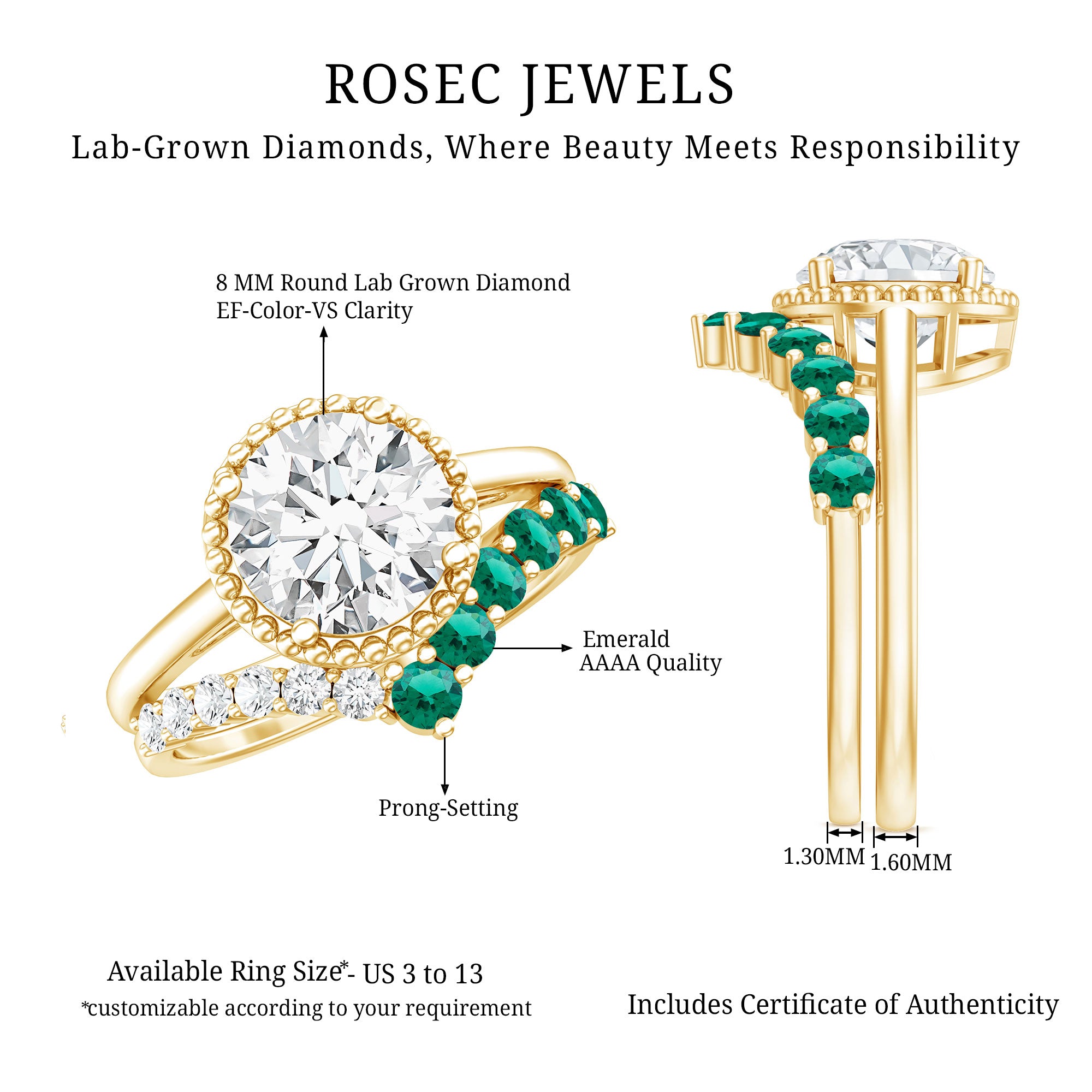 Certified Lab Grown Diamond 8 MM Engagement Ring With Emerald Enhancer Lab - ( EF-VS ) - Rosec Jewels