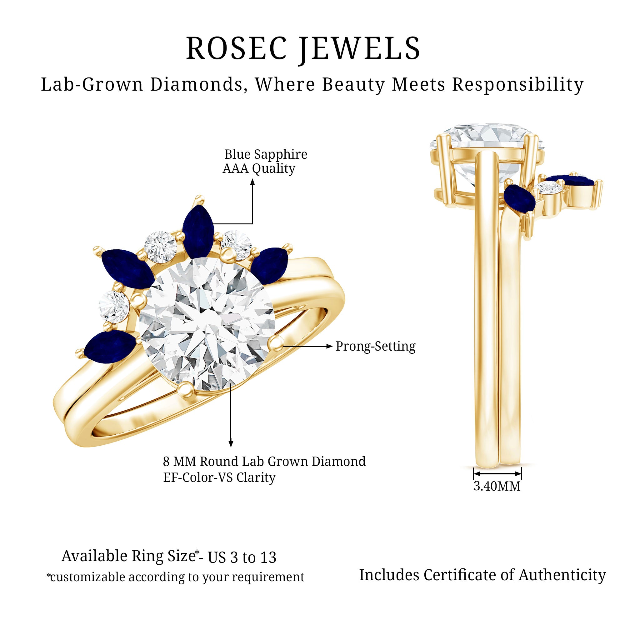 Certified Lab Grown Diamond Designer Engagement Ring Set With Sapphire Lab - ( EF-VS ) - Rosec Jewels