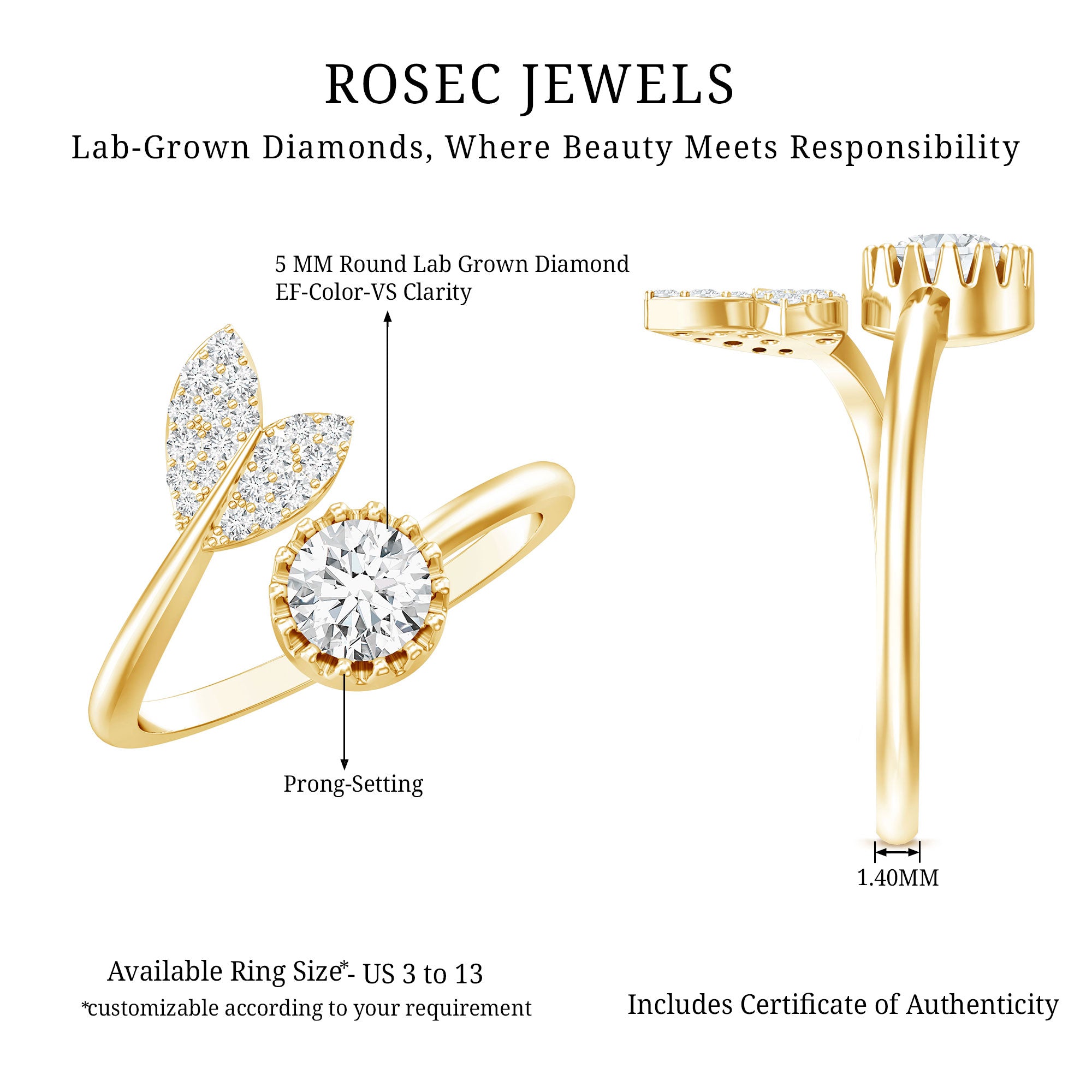 Certified 5 MM Round Lab Grown Diamond Tail Cuff Ring Lab - ( EF-VS ) - Rosec Jewels