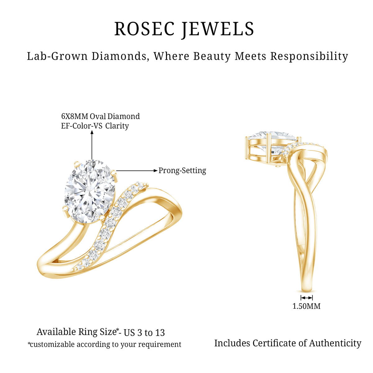 IGI Certified 1 Carat Lab Grown Diamond Oval Engagement Ring For Women Lab - ( E-VS1 ) - Rosec Jewels
