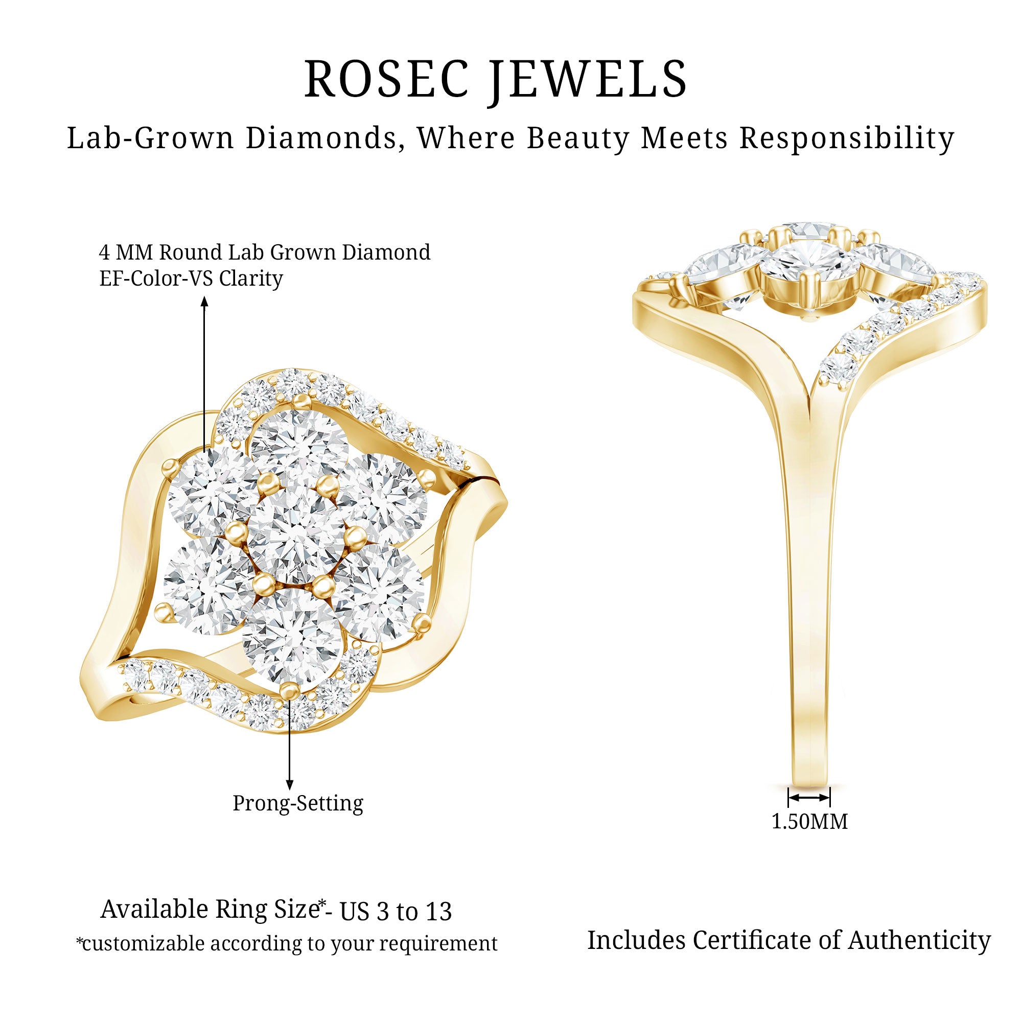 Certified Lab Grown Diamond Flower Statement Ring Lab - ( EF-VS ) - Rosec Jewels