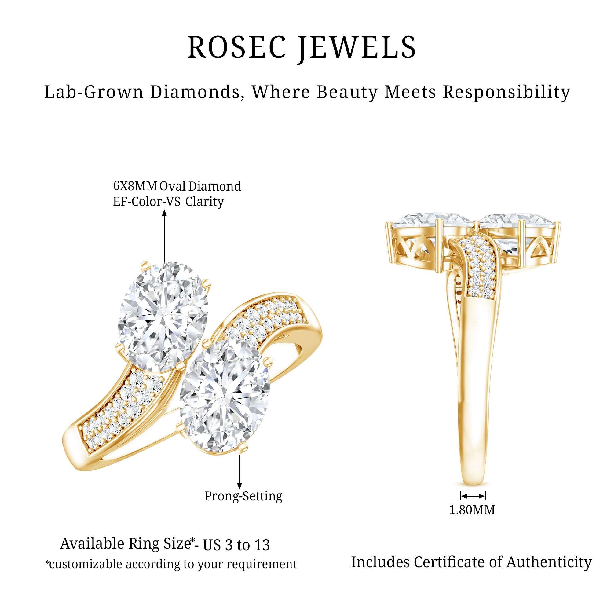 Certified Lab Grown Diamond Designer 2 Stone Engagement Ring Lab - ( EF-VS ) - Rosec Jewels