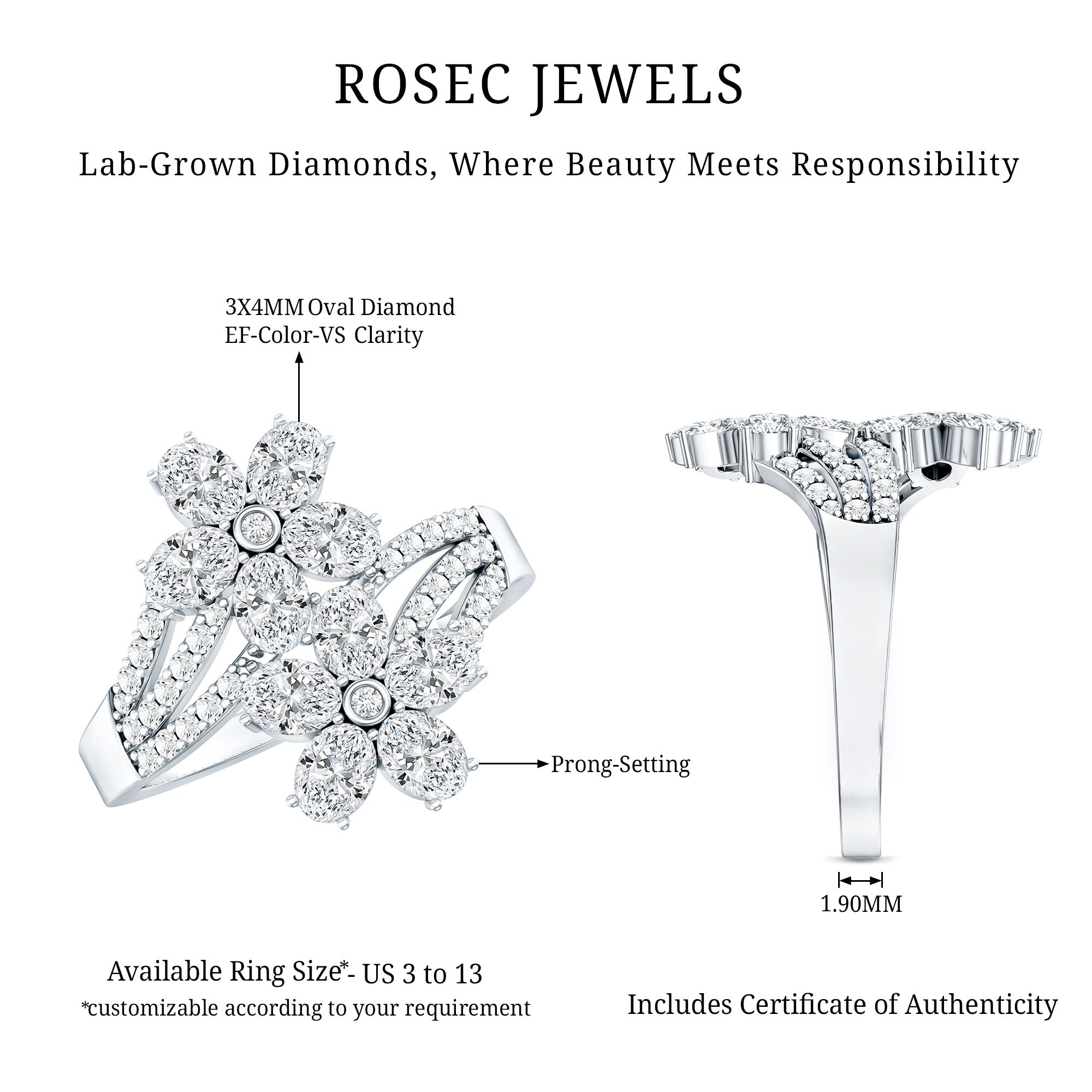 Certified Lab Grown Diamond Flower Engagement Ring For Women Lab - ( EF-VS ) - Rosec Jewels