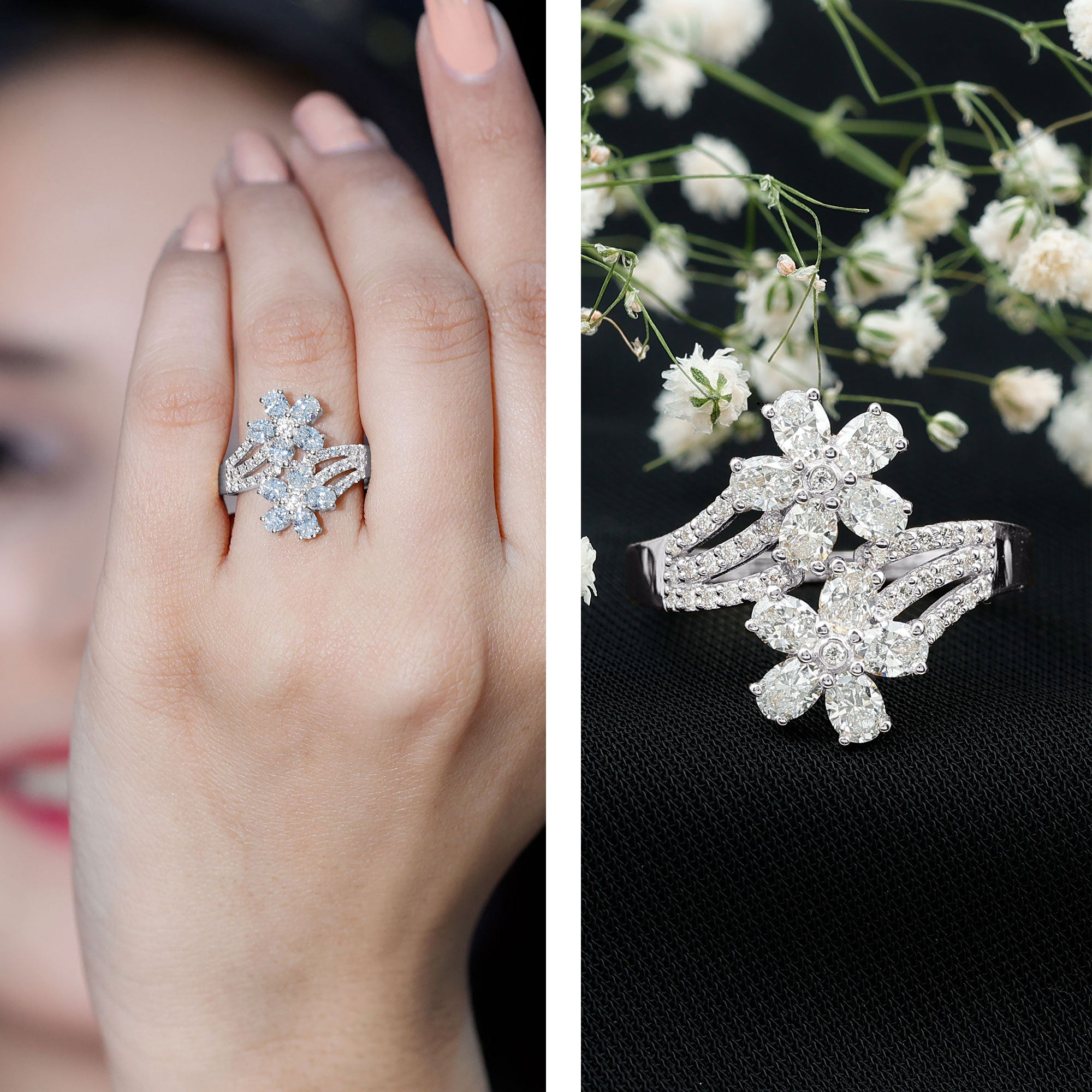 Certified Lab Grown Diamond Flower Engagement Ring For Women Lab - ( EF-VS ) - Rosec Jewels