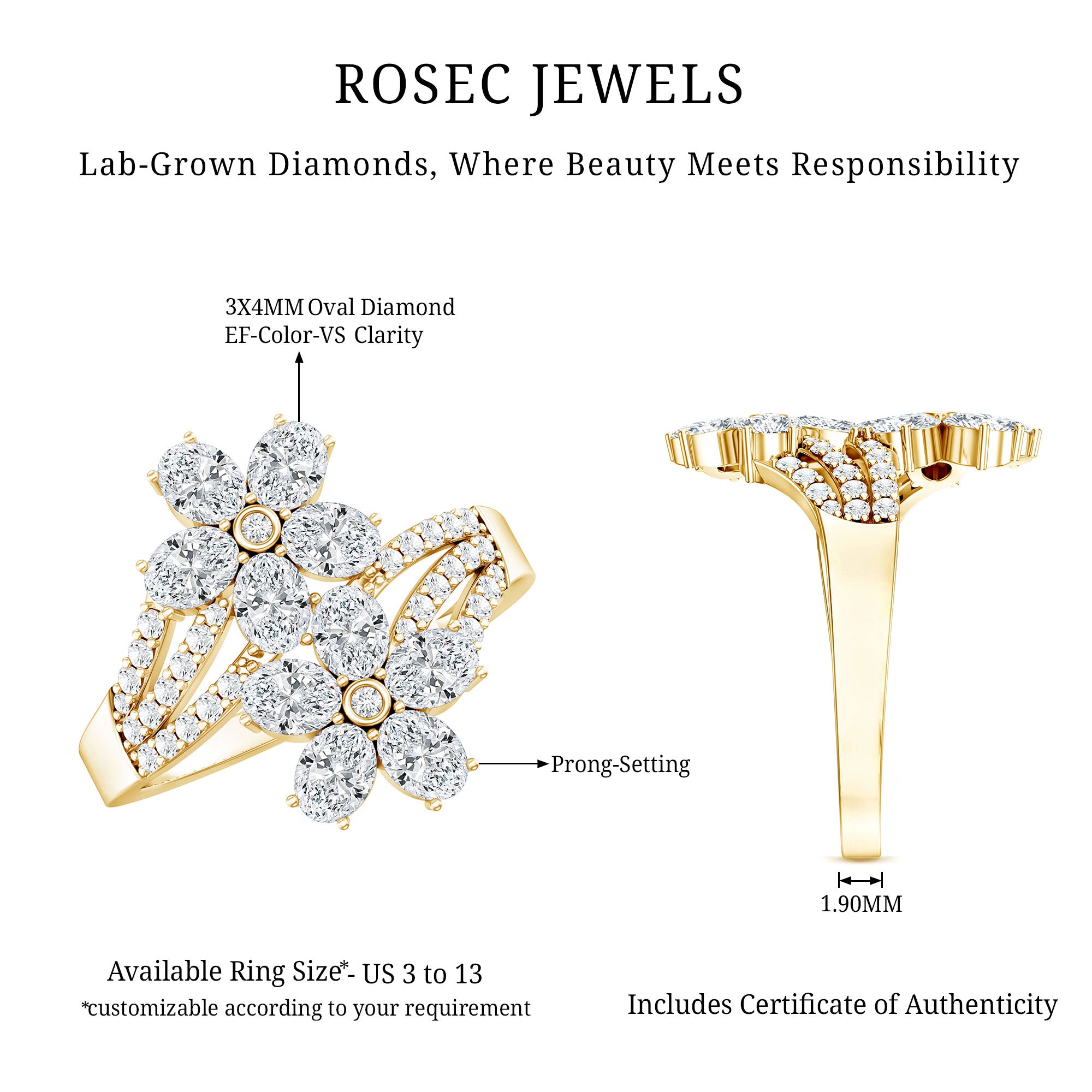 Certified Lab Grown Diamond Flower Engagement Ring For Women Lab - ( EF-VS ) - Rosec Jewels