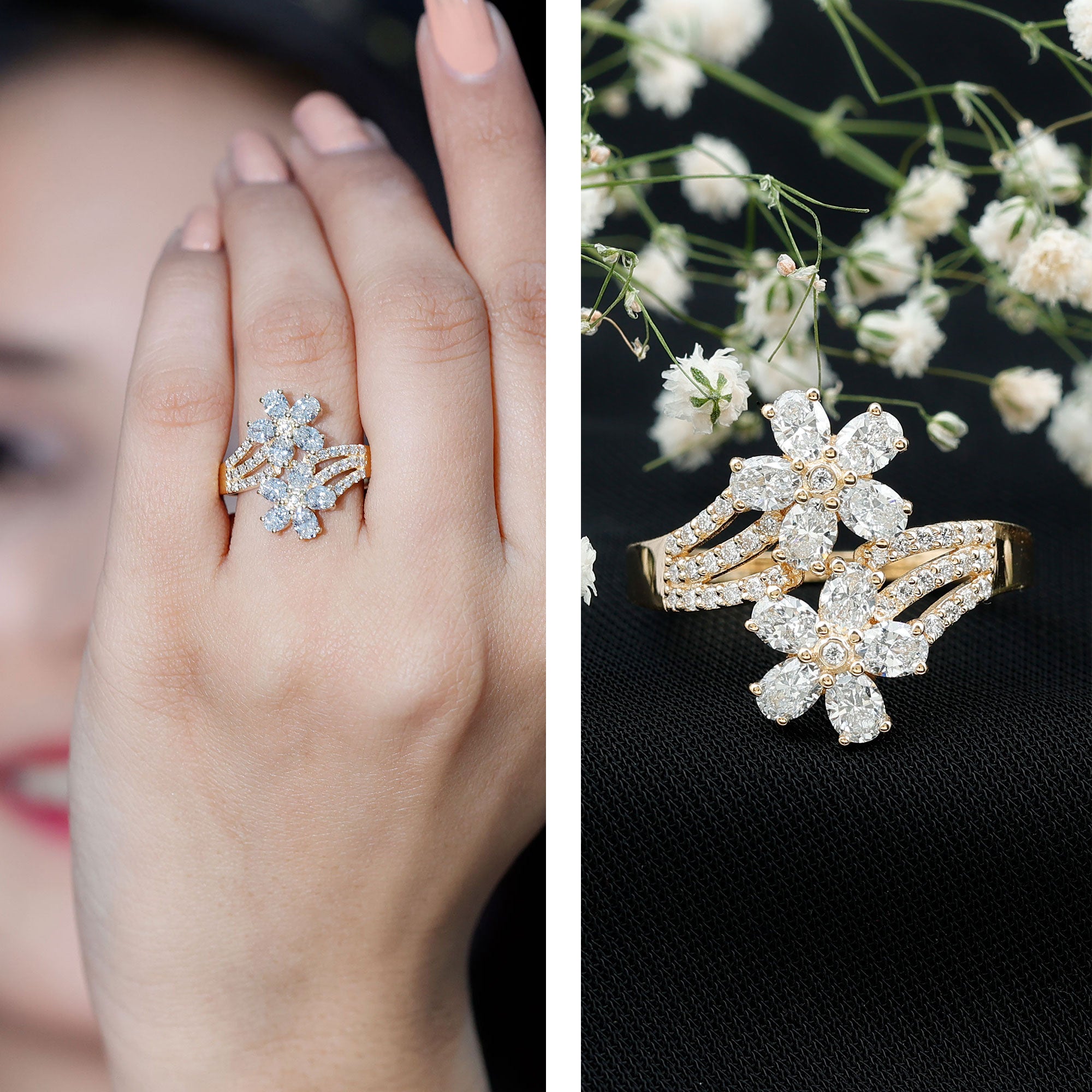 Certified Lab Grown Diamond Flower Engagement Ring For Women Lab - ( EF-VS ) - Rosec Jewels