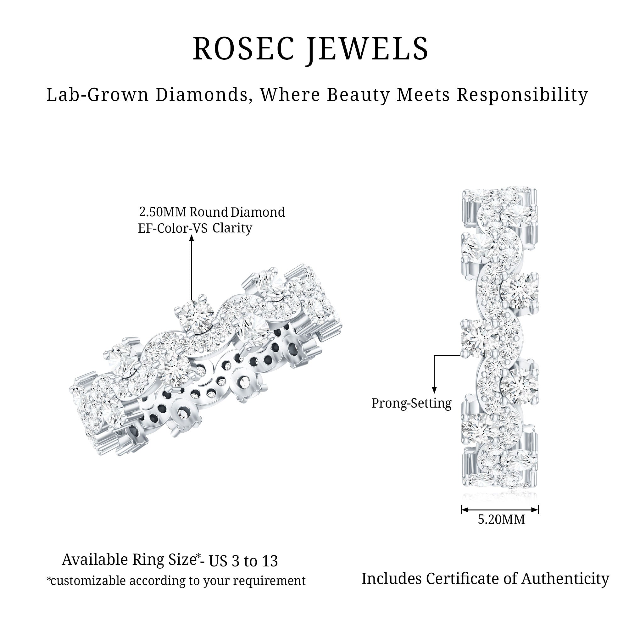 Certified Lab Grown Diamond Designer Wedding Eternity Ring Lab - ( EF-VS ) - Rosec Jewels