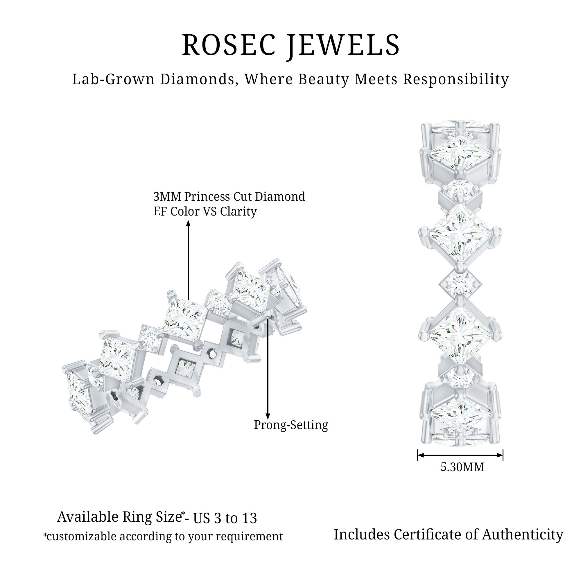 Certified Princess Cut Lab Grown Diamond Eternity Wedding Ring Lab - ( EF-VS ) - Rosec Jewels