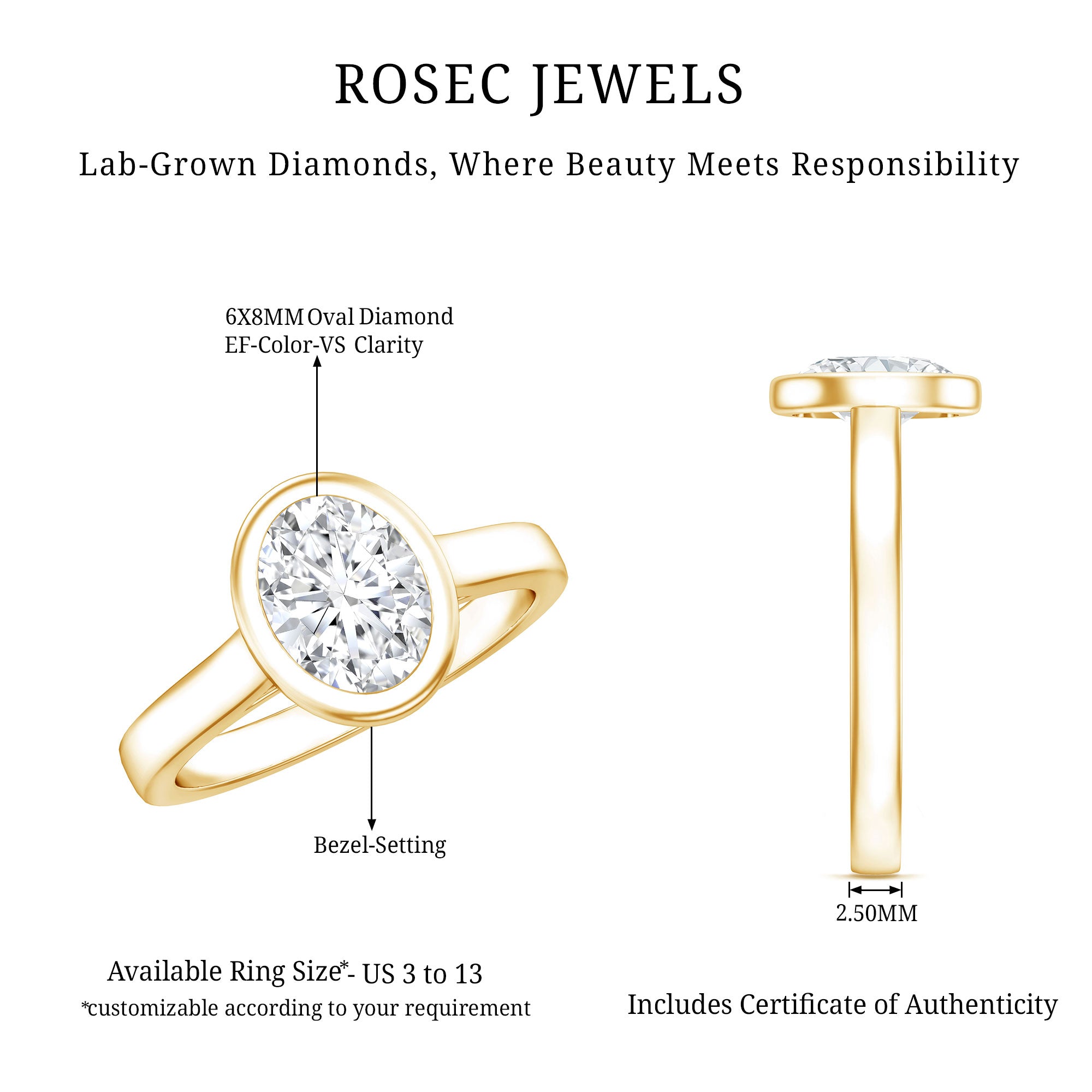 Certified 6X8 MM Lab Grown Diamond Bezel Set Engagement Ring Lab - ( EF-VS ) - Rosec Jewels