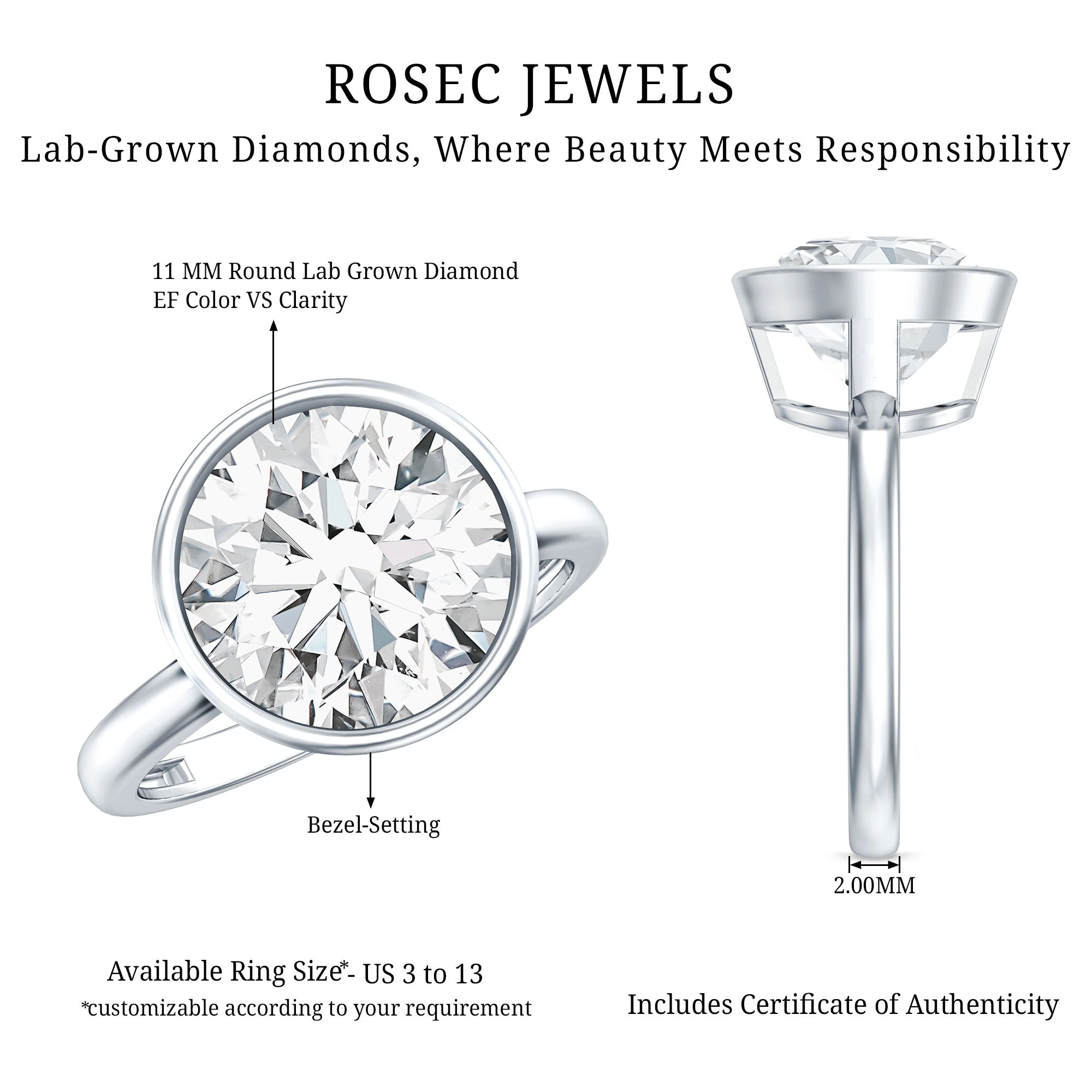 IGI Certified 5 Carat Lab Grown Diamond Bezel Set Engagement Ring Lab - ( E-VS1 ) - Rosec Jewels