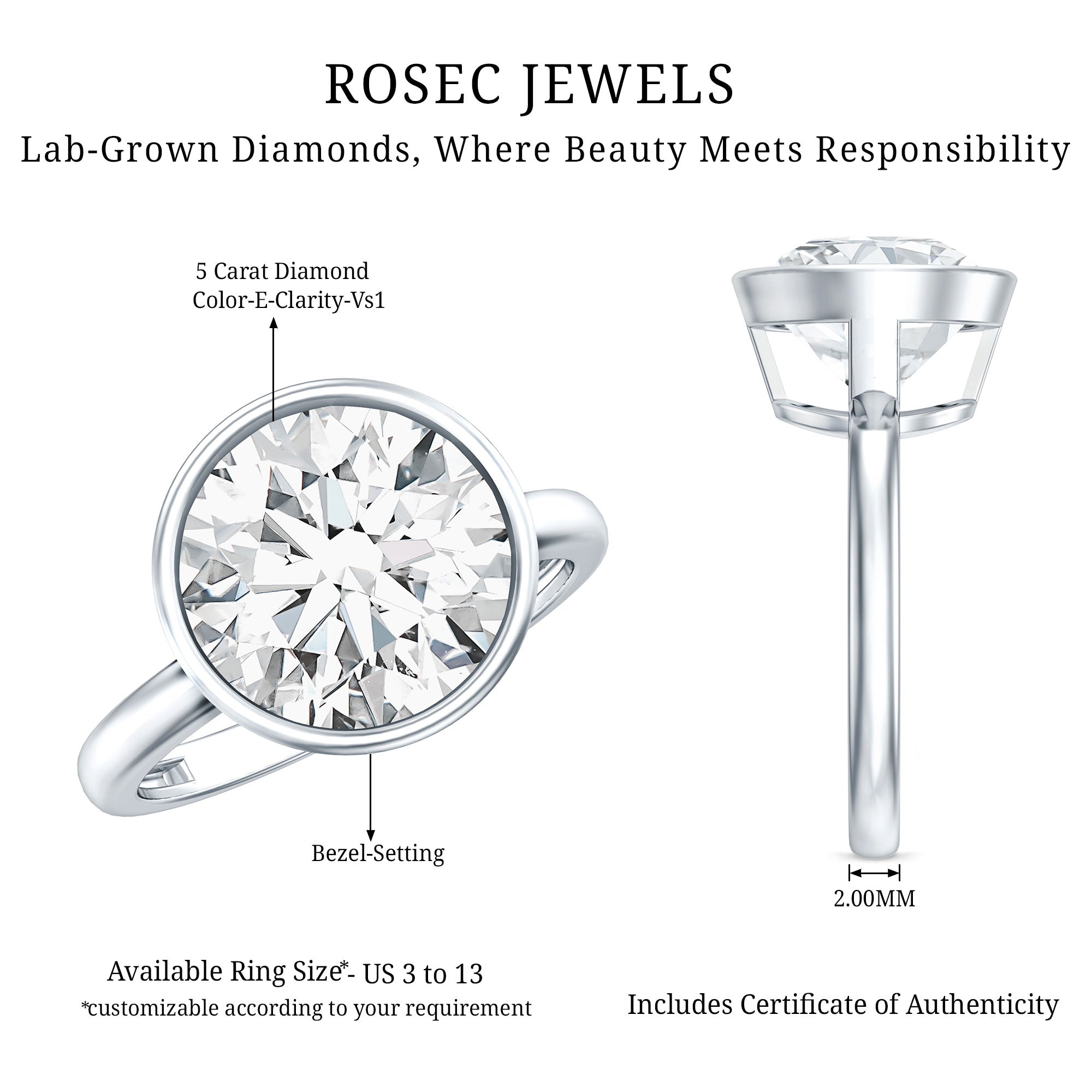 IGI Certified 5 Carat Lab Grown Diamond Bezel Set Engagement Ring Lab - ( E-VS1 ) - Rosec Jewels