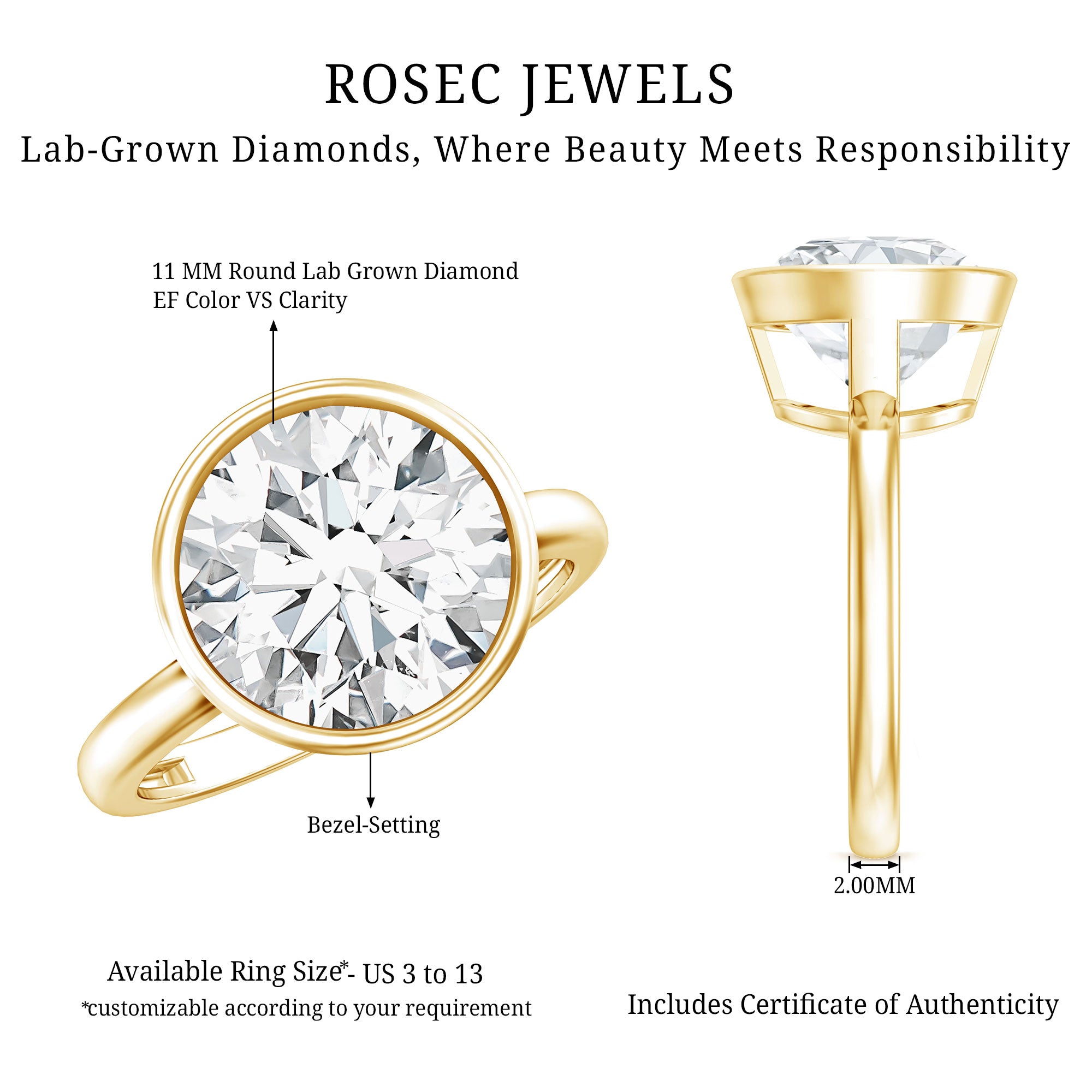 IGI Certified 5 Carat Lab Grown Diamond Bezel Set Engagement Ring Lab - ( E-VS1 ) - Rosec Jewels